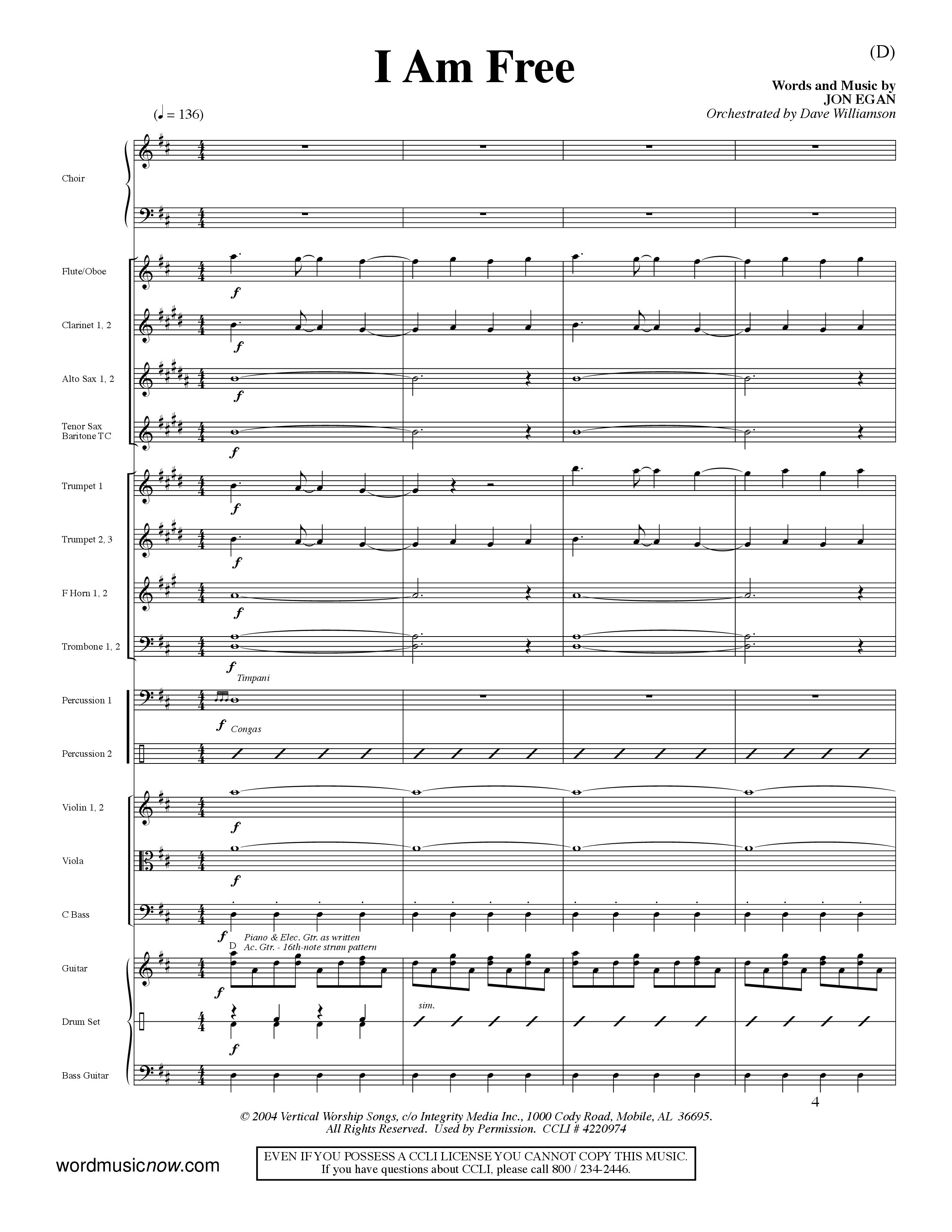 I Am Free (Choral Anthem SATB) Orchestration (Word Music Choral / Orch. Dave Williamson)