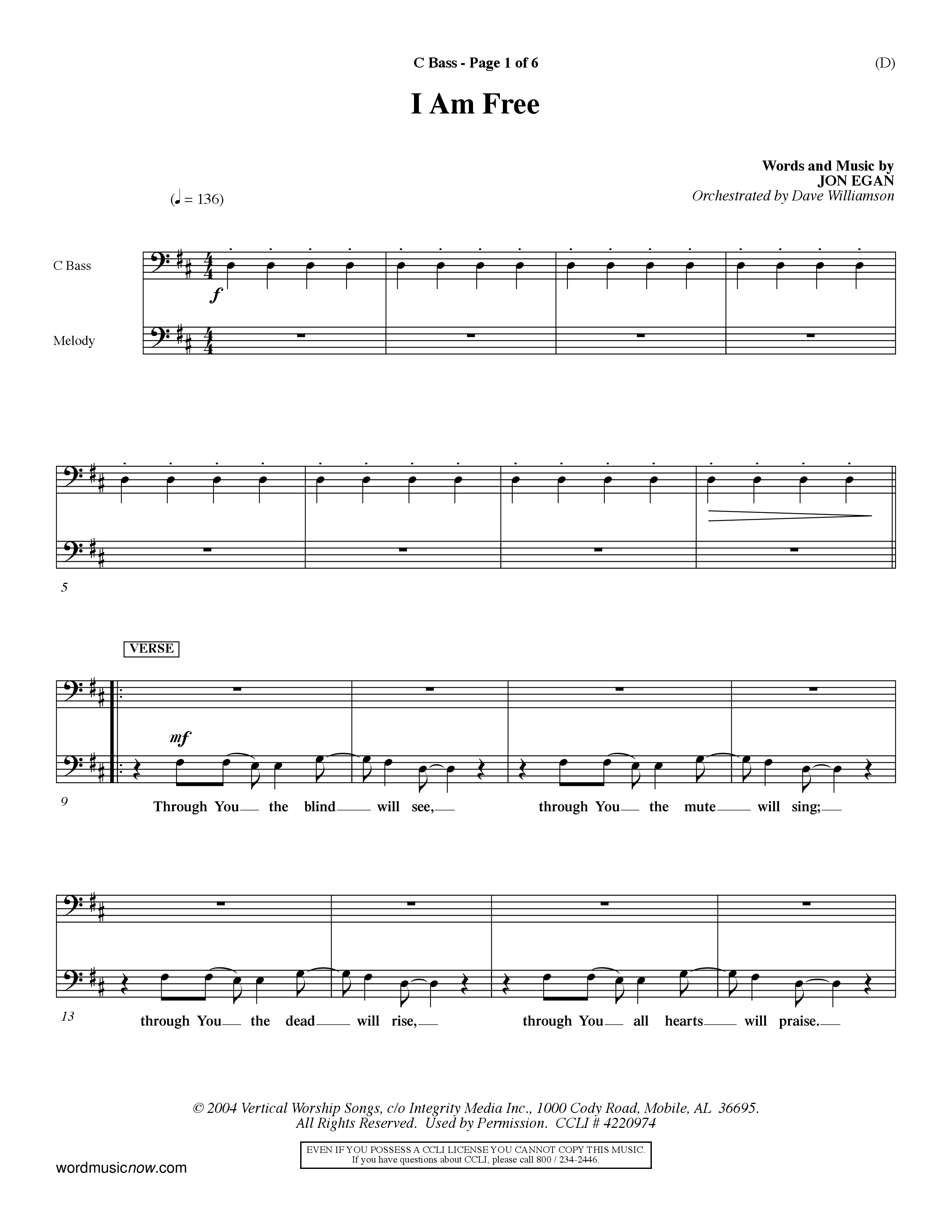 I Am Free (Choral Anthem SATB) Contrabass (Word Music Choral / Orch. Dave Williamson)