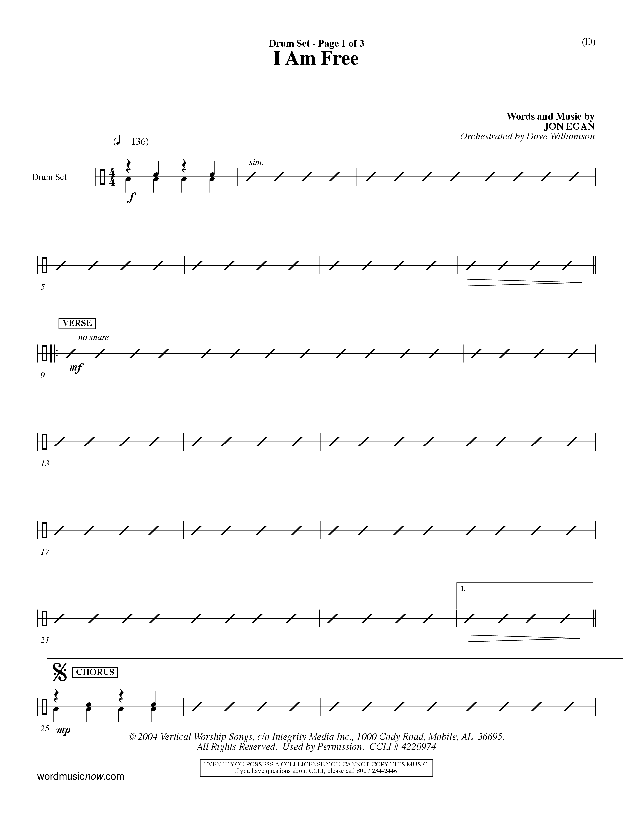 I Am Free (Choral Anthem SATB) Drum Set (Word Music Choral / Orch. Dave Williamson)