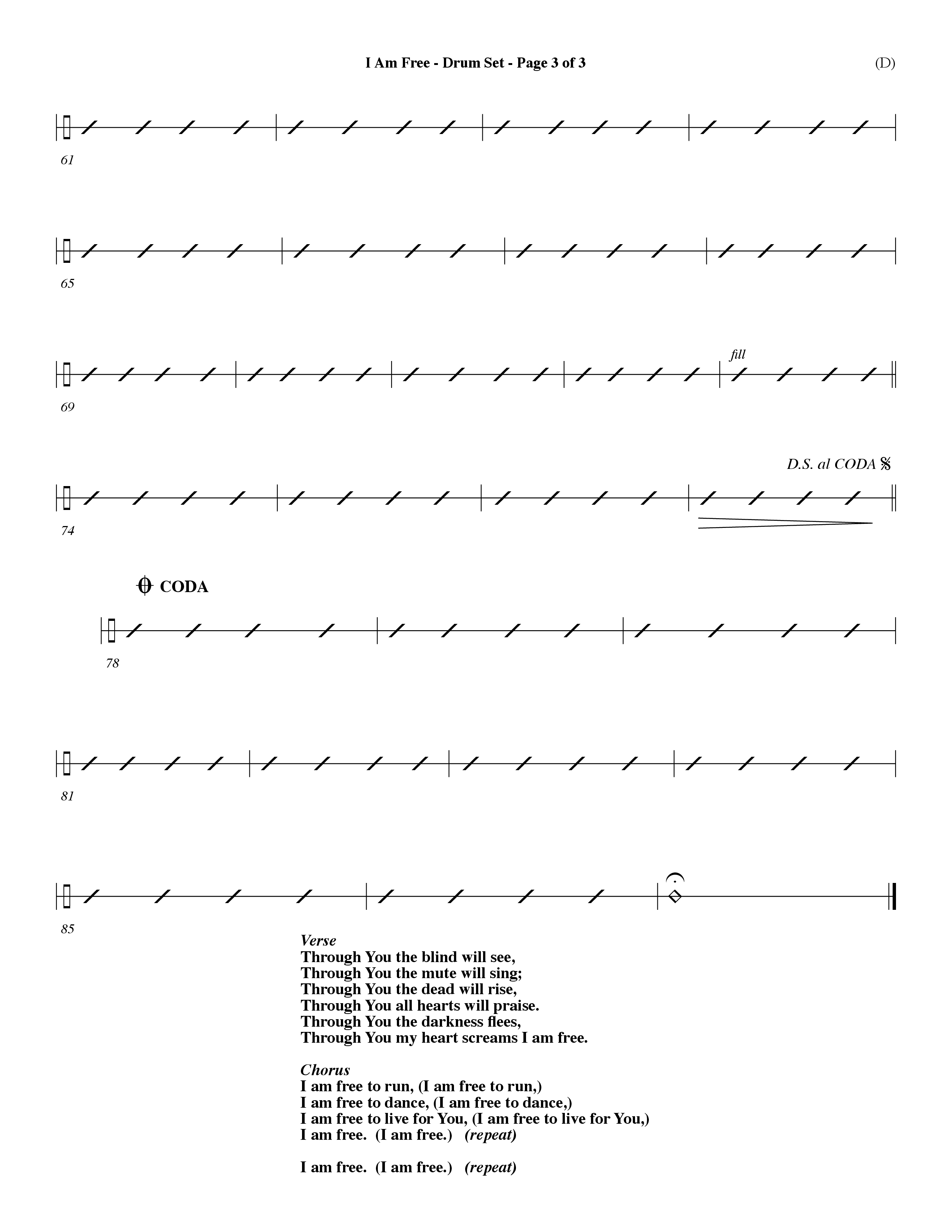 I Am Free (Choral Anthem SATB) Drum Set (Word Music Choral / Orch. Dave Williamson)