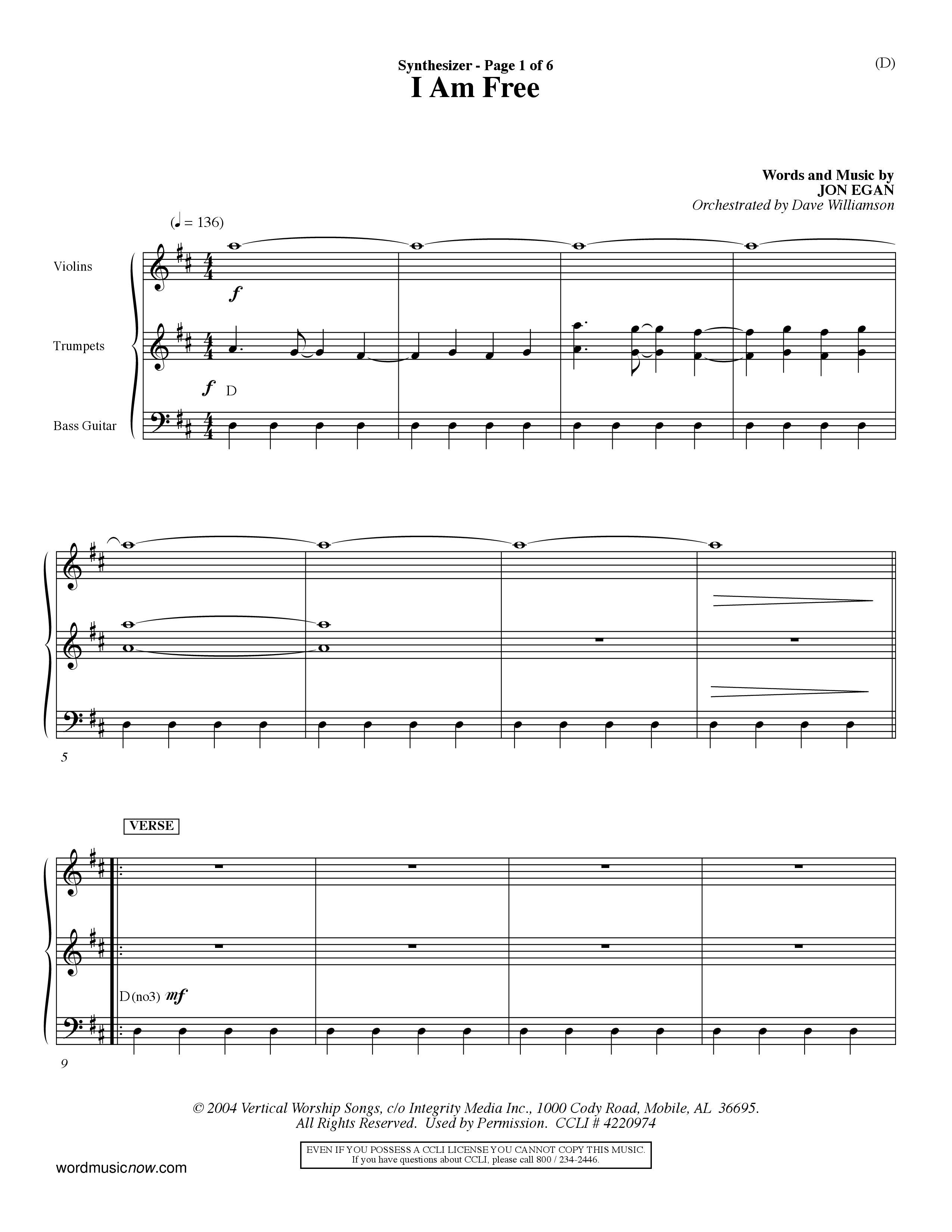 I Am Free (Choral Anthem SATB) Synth (Word Music Choral / Orch. Dave Williamson)