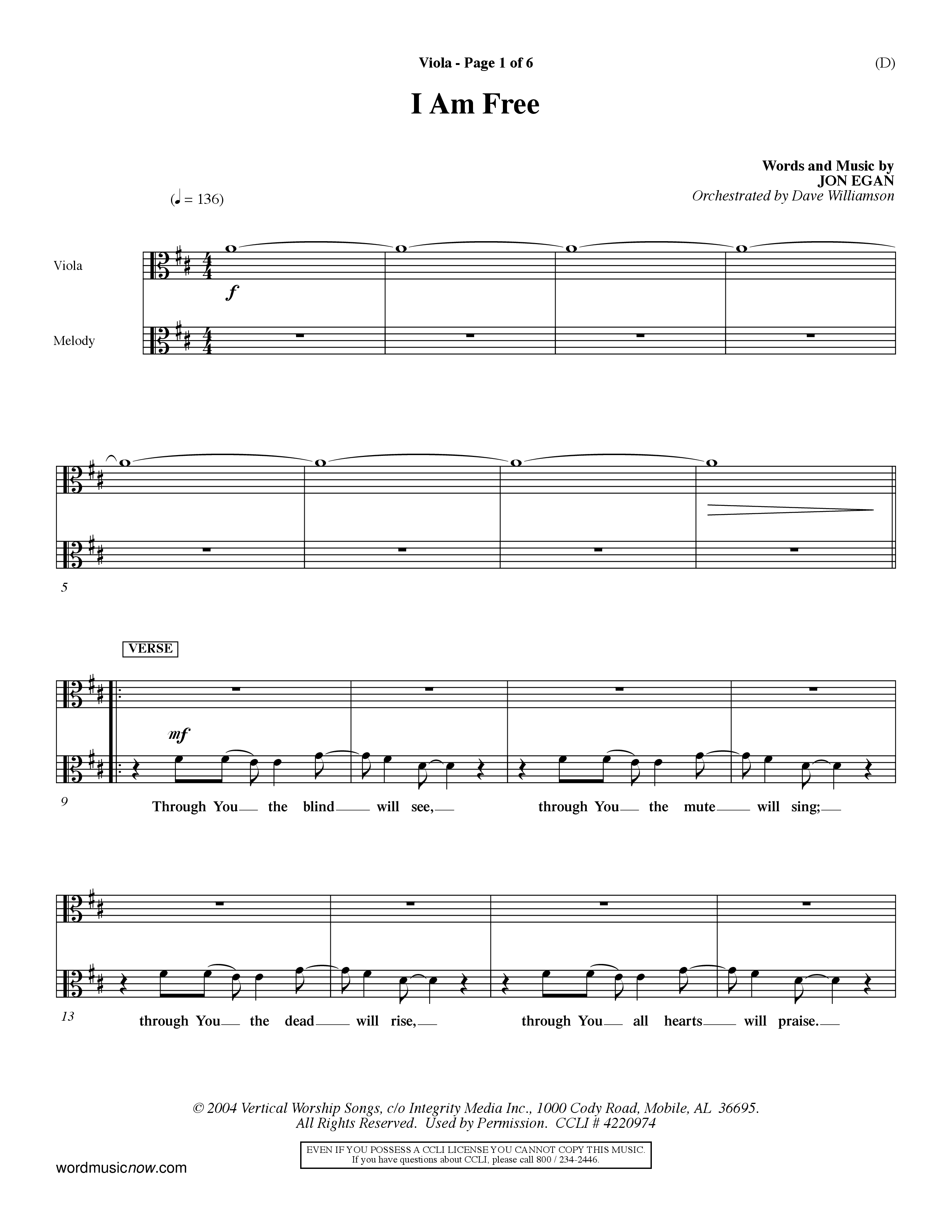 I Am Free (Choral Anthem SATB) Viola (Word Music Choral / Orch. Dave Williamson)