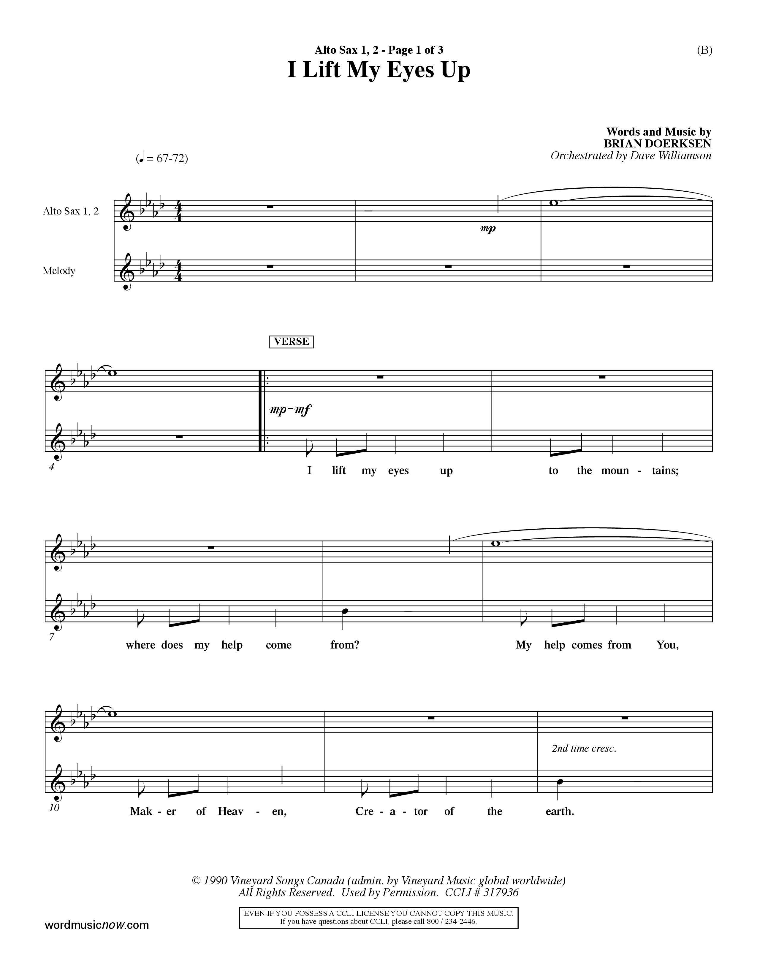 I Lift My Eyes Up (Choral Anthem SATB) Alto Sax 1/2 (Word Music Choral / Orch. Dave Williamson)