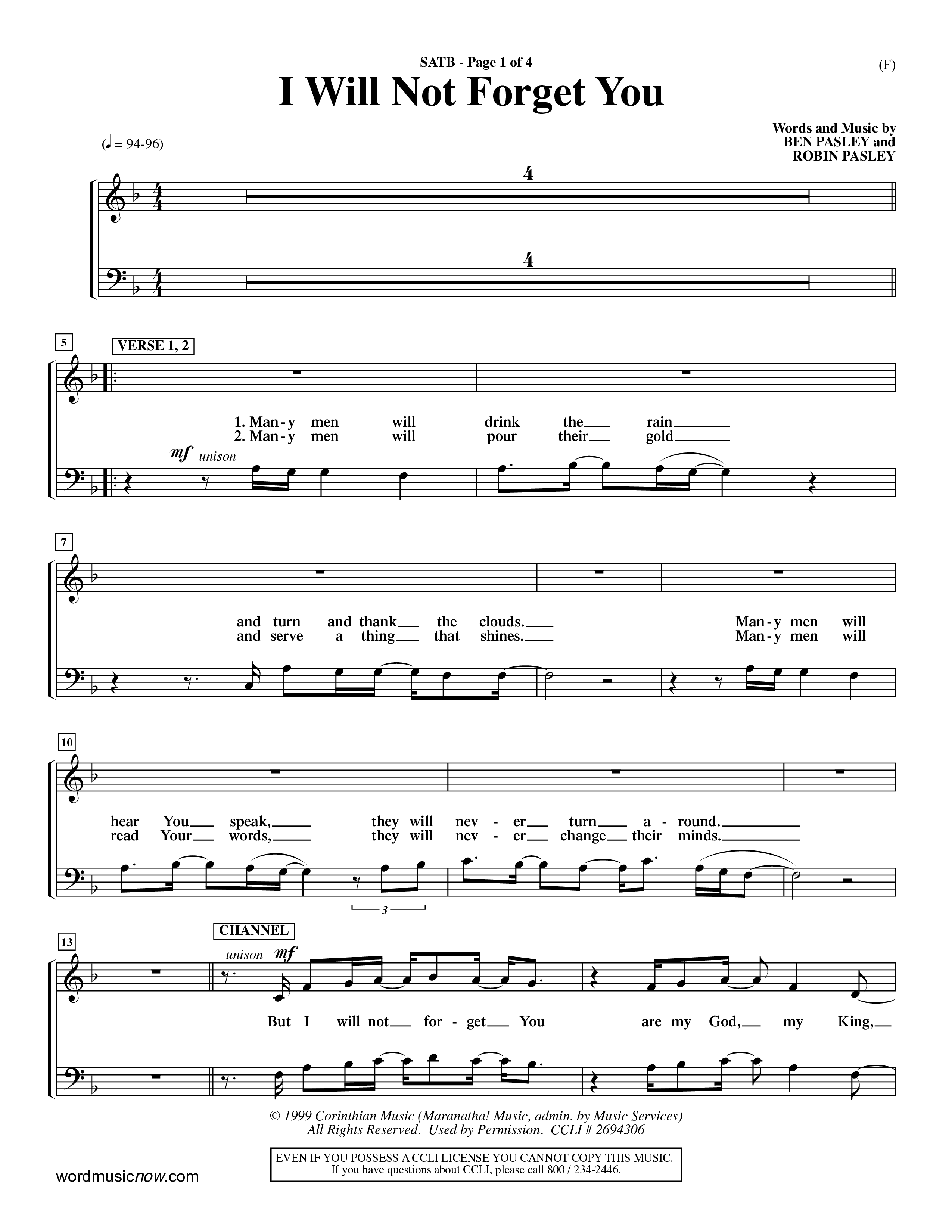 I Will Not Forget You (Choral Anthem SATB) Choir Sheet (SATB) (Word Music Choral / Orch. Dave Williamson)