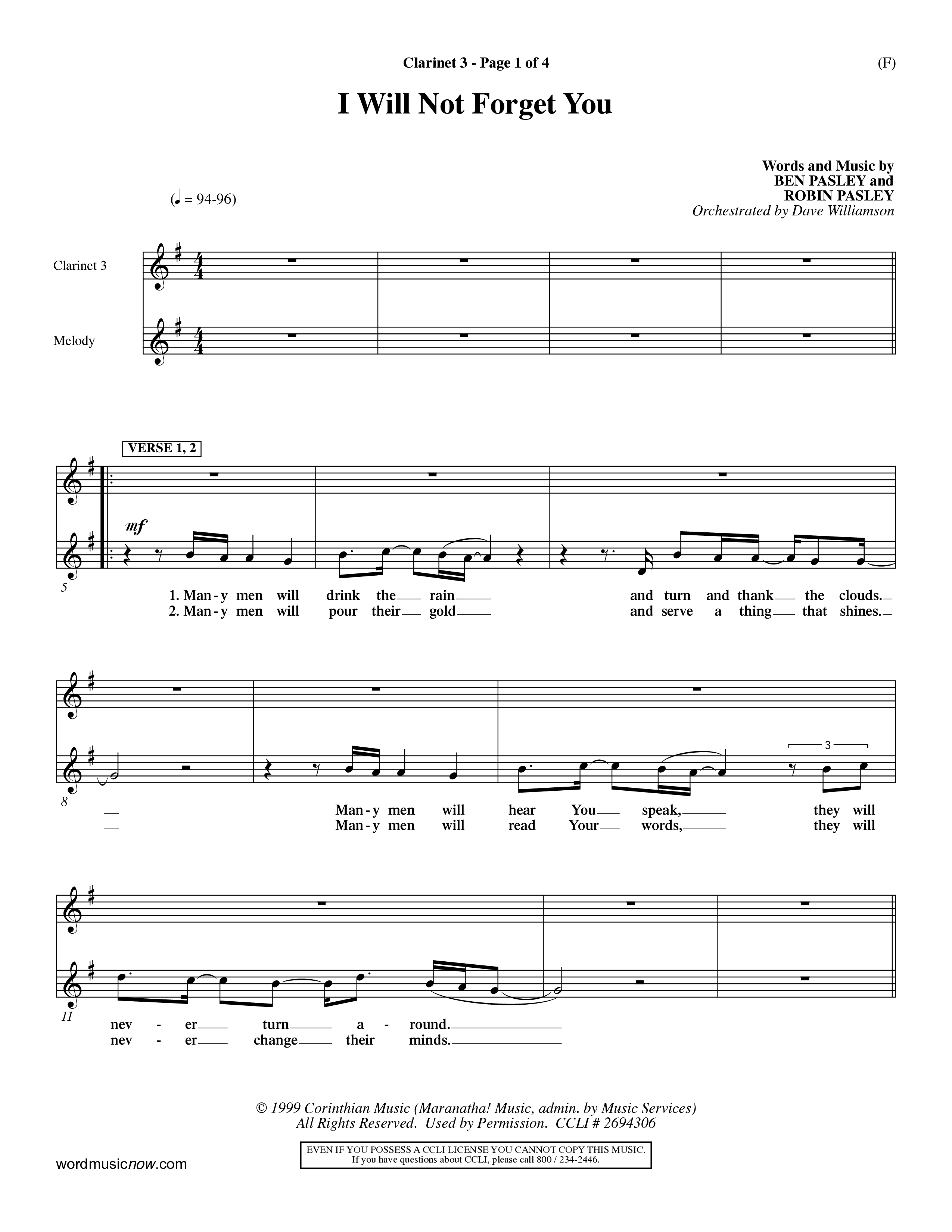 I Will Not Forget You (Choral Anthem SATB) Clarinet 3 (Word Music Choral / Orch. Dave Williamson)
