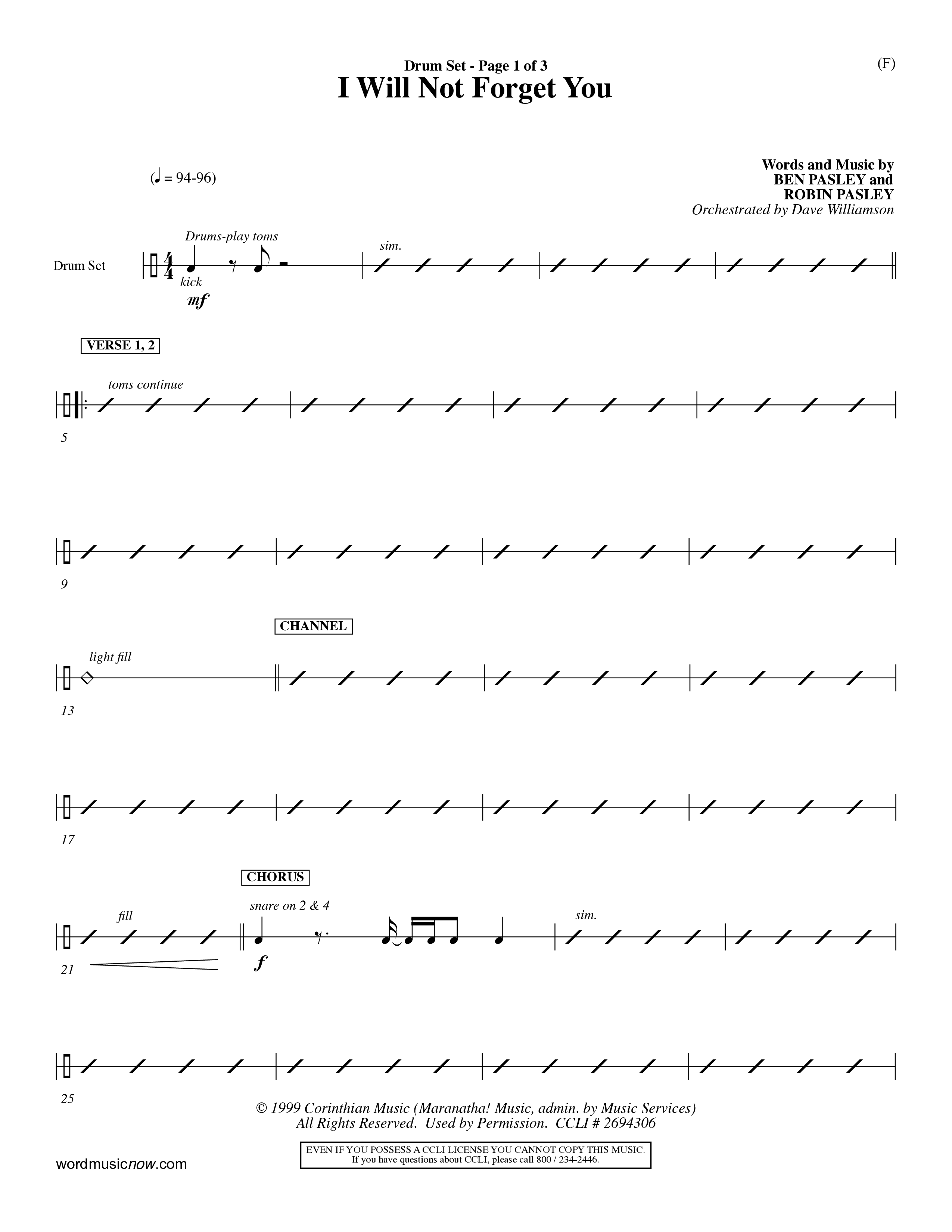 I Will Not Forget You (Choral Anthem SATB) Drum Set (Word Music Choral / Orch. Dave Williamson)
