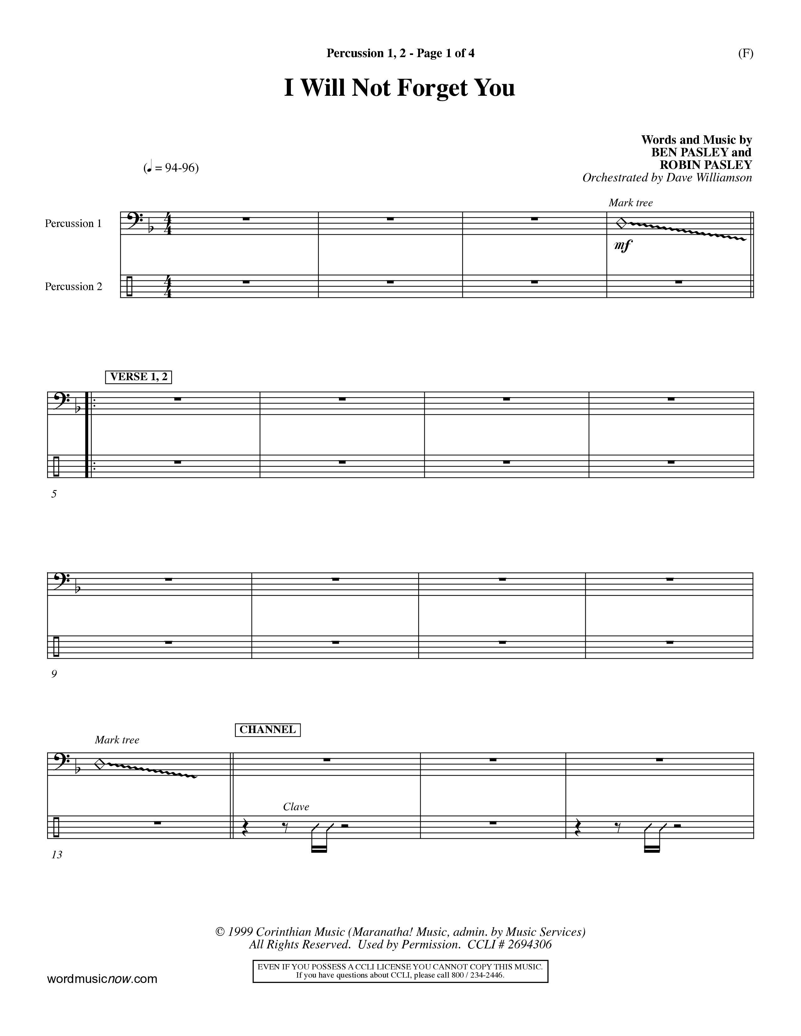 I Will Not Forget You (Choral Anthem SATB) Percussion 1/2 (Word Music Choral / Orch. Dave Williamson)