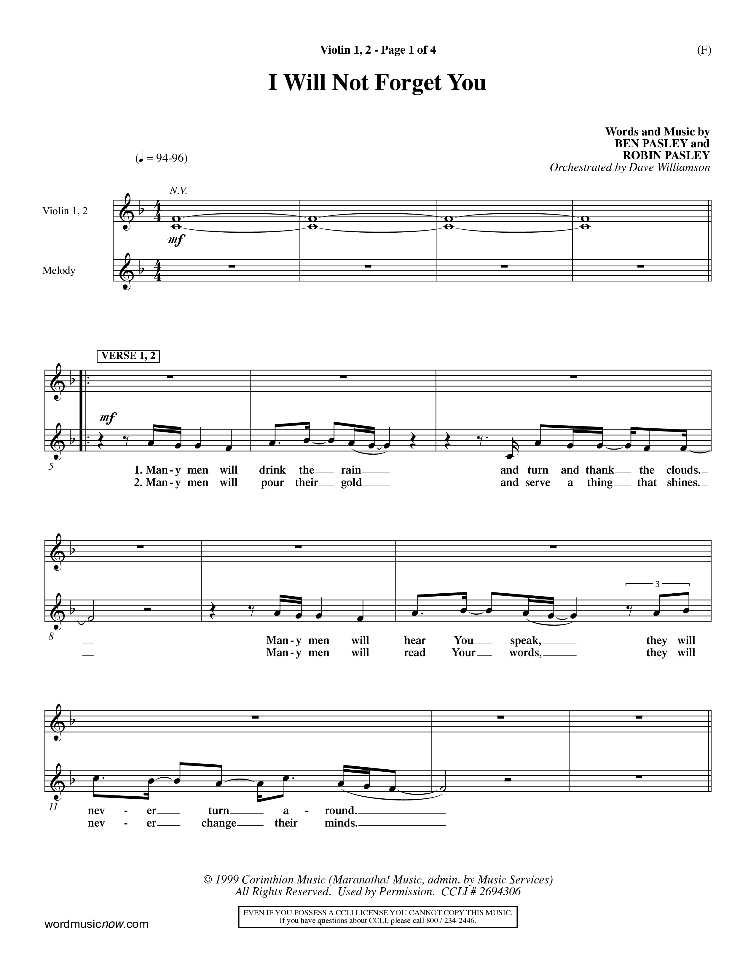I Will Not Forget You (Choral Anthem SATB) Violin 1/2 (Word Music Choral / Orch. Dave Williamson)