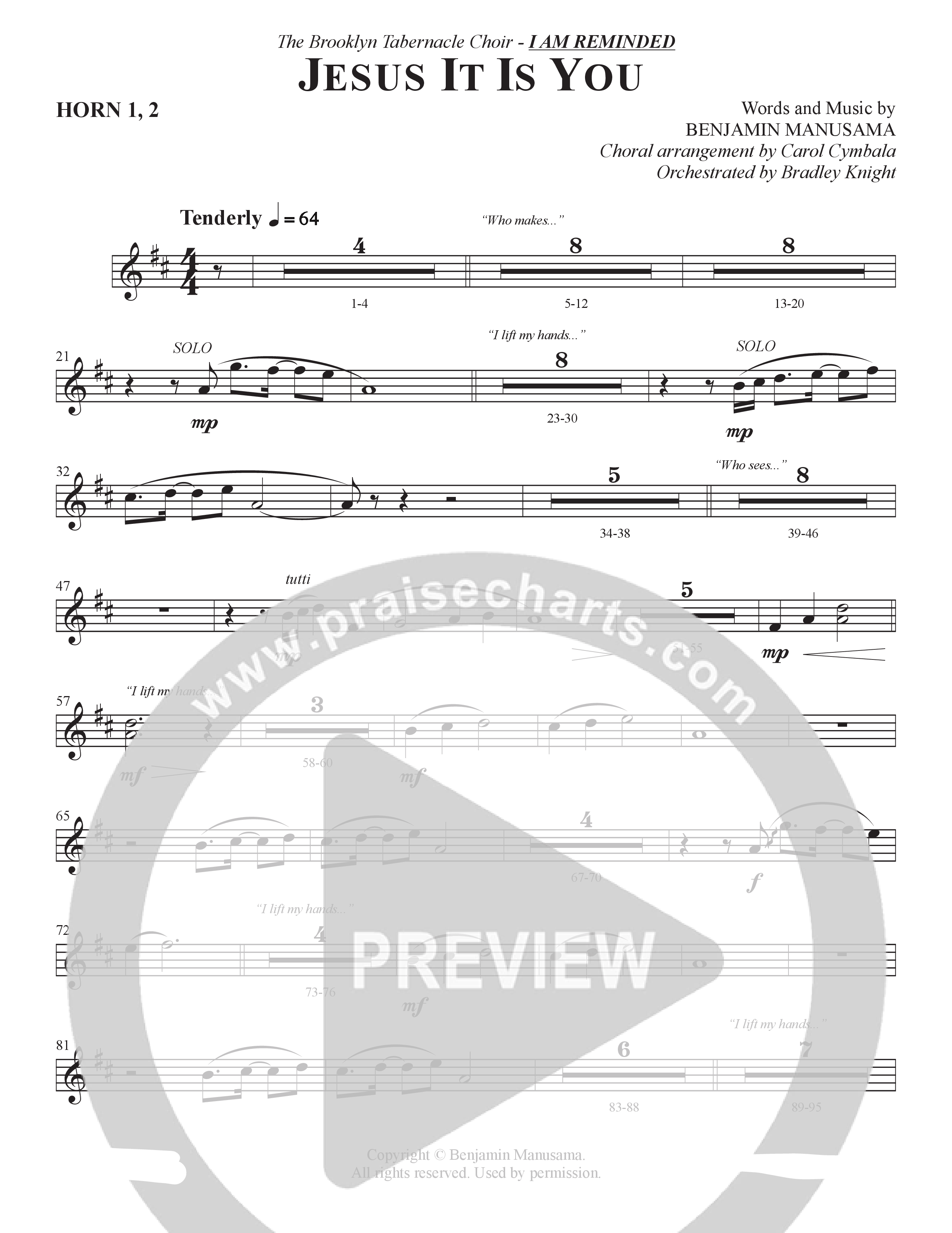 Jesus It Is You (Choral Anthem SATB) French Horn 1/2 (The Brooklyn Tabernacle Choir / Sidney Mohede / Arr. Carol Cymbala / Orch. Bradley Knight)