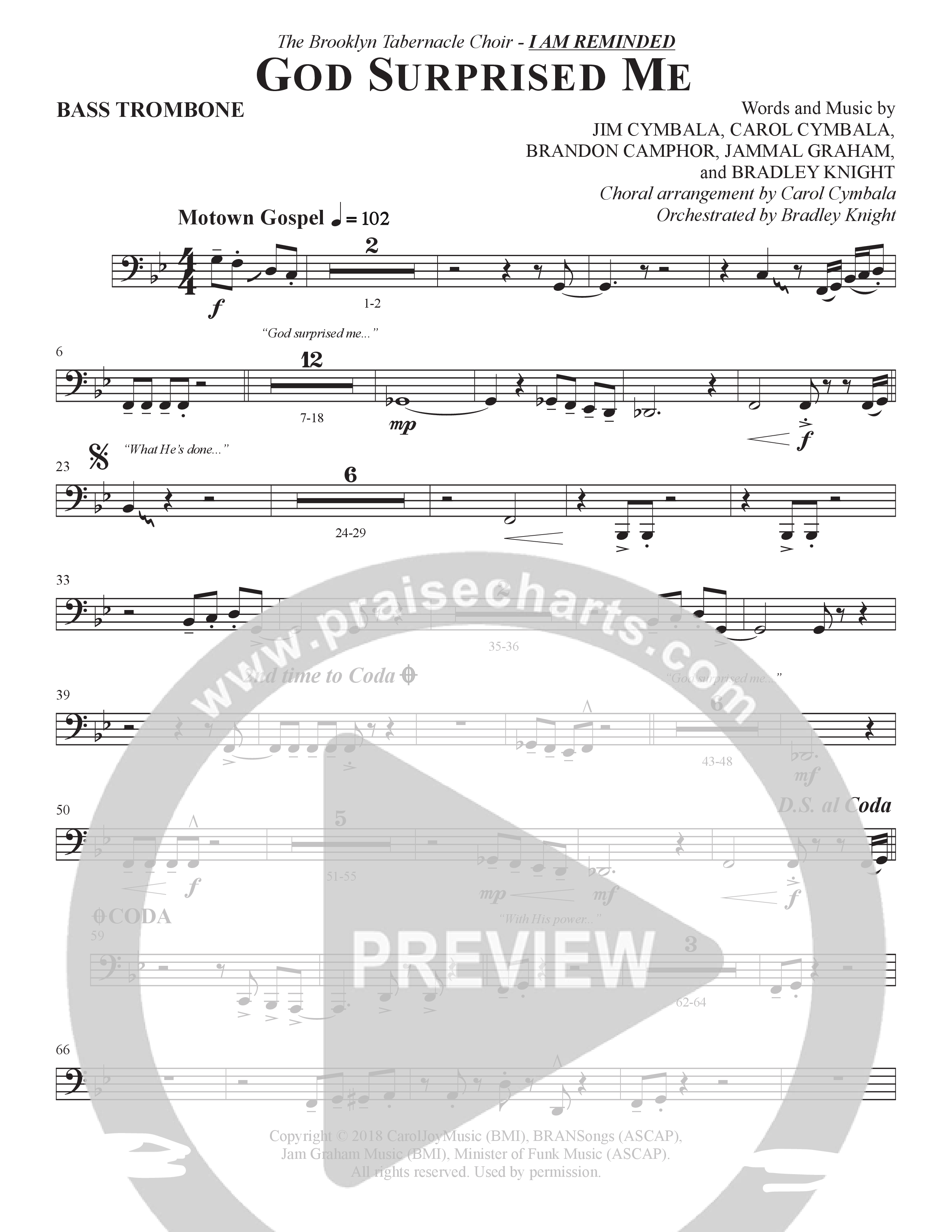 God Surprised Me (Choral Anthem SATB) Bass Trombone (The Brooklyn Tabernacle Choir / Arr. Carol Cymbala / Orch. Bradley Knight)