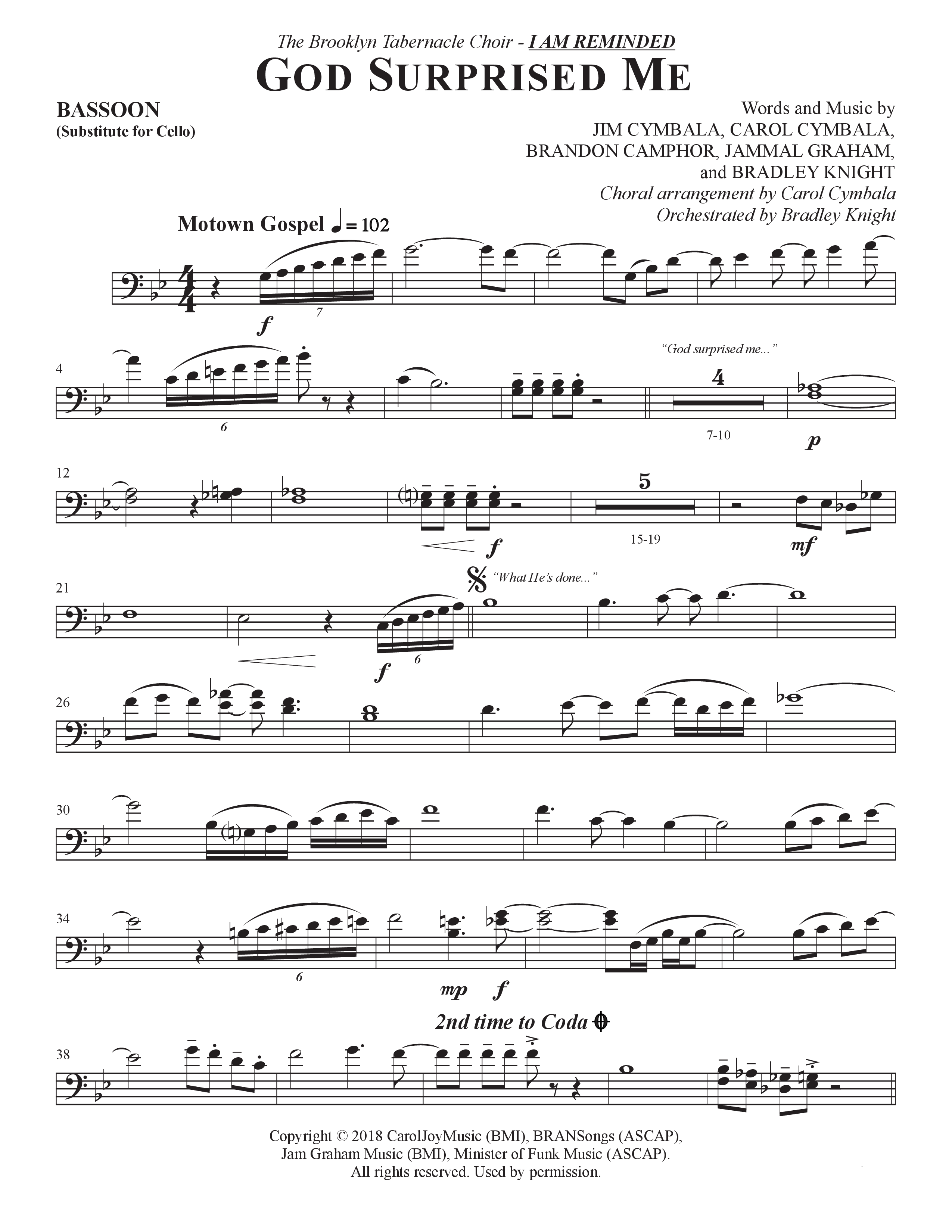 God Surprised Me (Choral Anthem SATB) Bassoon (The Brooklyn Tabernacle Choir / Arr. Carol Cymbala / Orch. Bradley Knight)