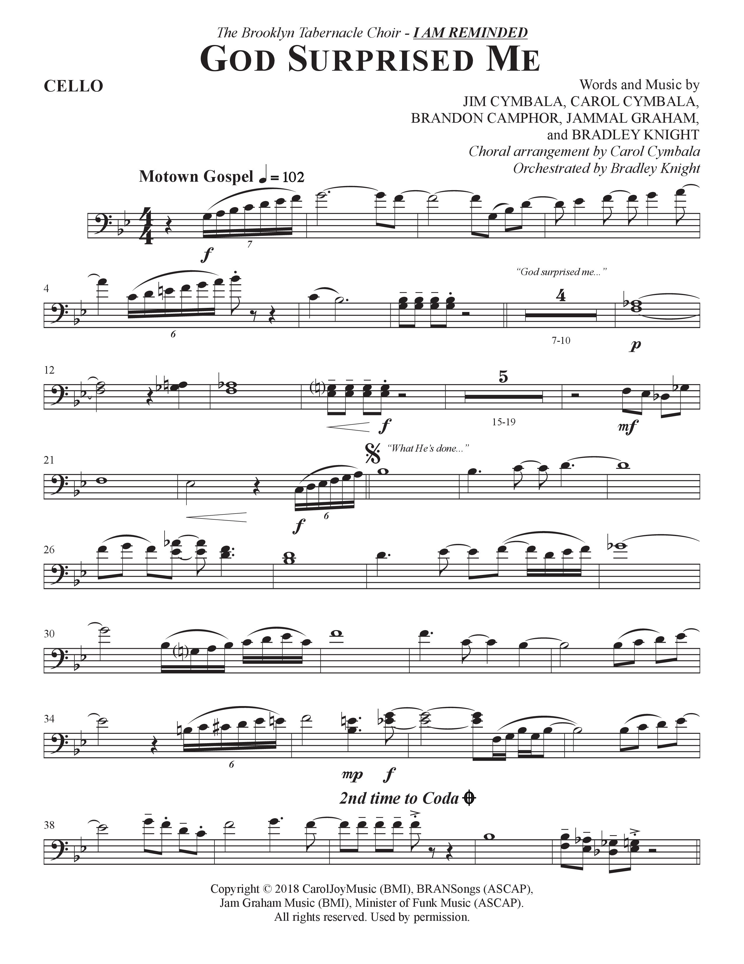 God Surprised Me (Choral Anthem SATB) Cello (The Brooklyn Tabernacle Choir / Arr. Carol Cymbala / Orch. Bradley Knight)