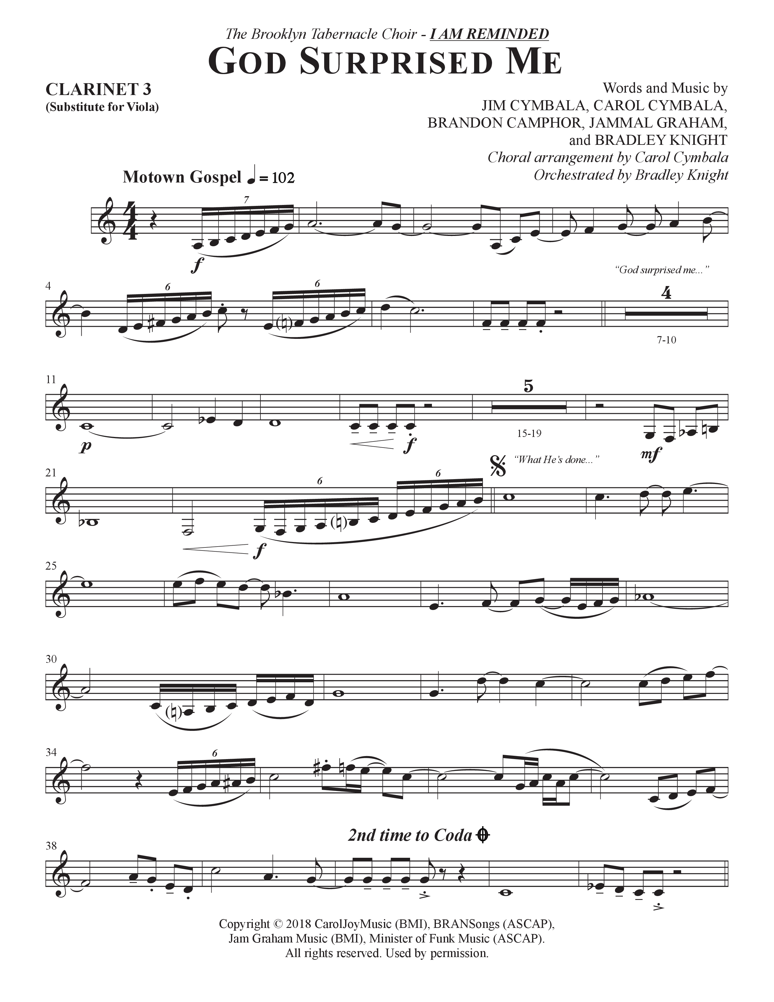 God Surprised Me (Choral Anthem SATB) Clarinet 3 (The Brooklyn Tabernacle Choir / Arr. Carol Cymbala / Orch. Bradley Knight)