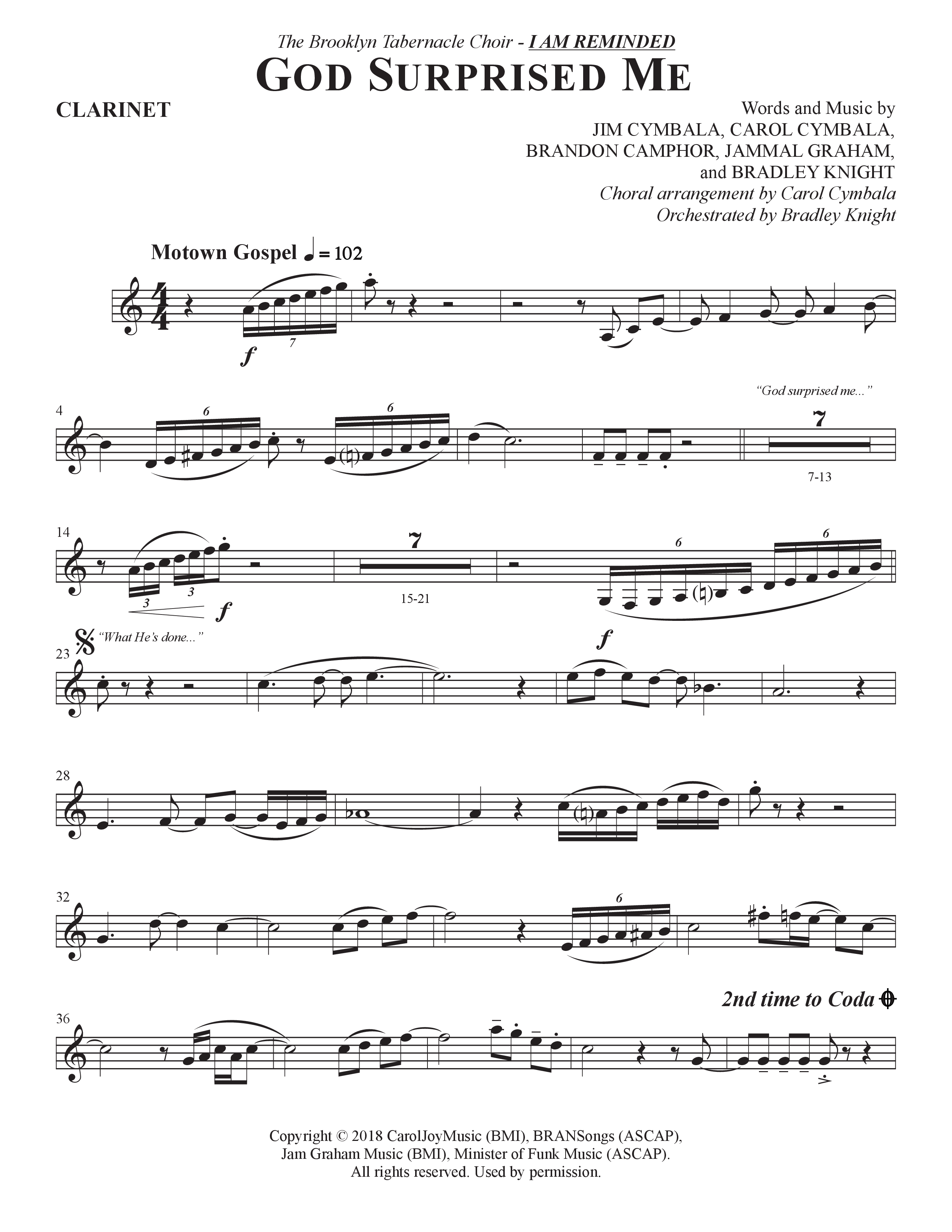 God Surprised Me (Choral Anthem SATB) Clarinet (The Brooklyn Tabernacle Choir / Arr. Carol Cymbala / Orch. Bradley Knight)