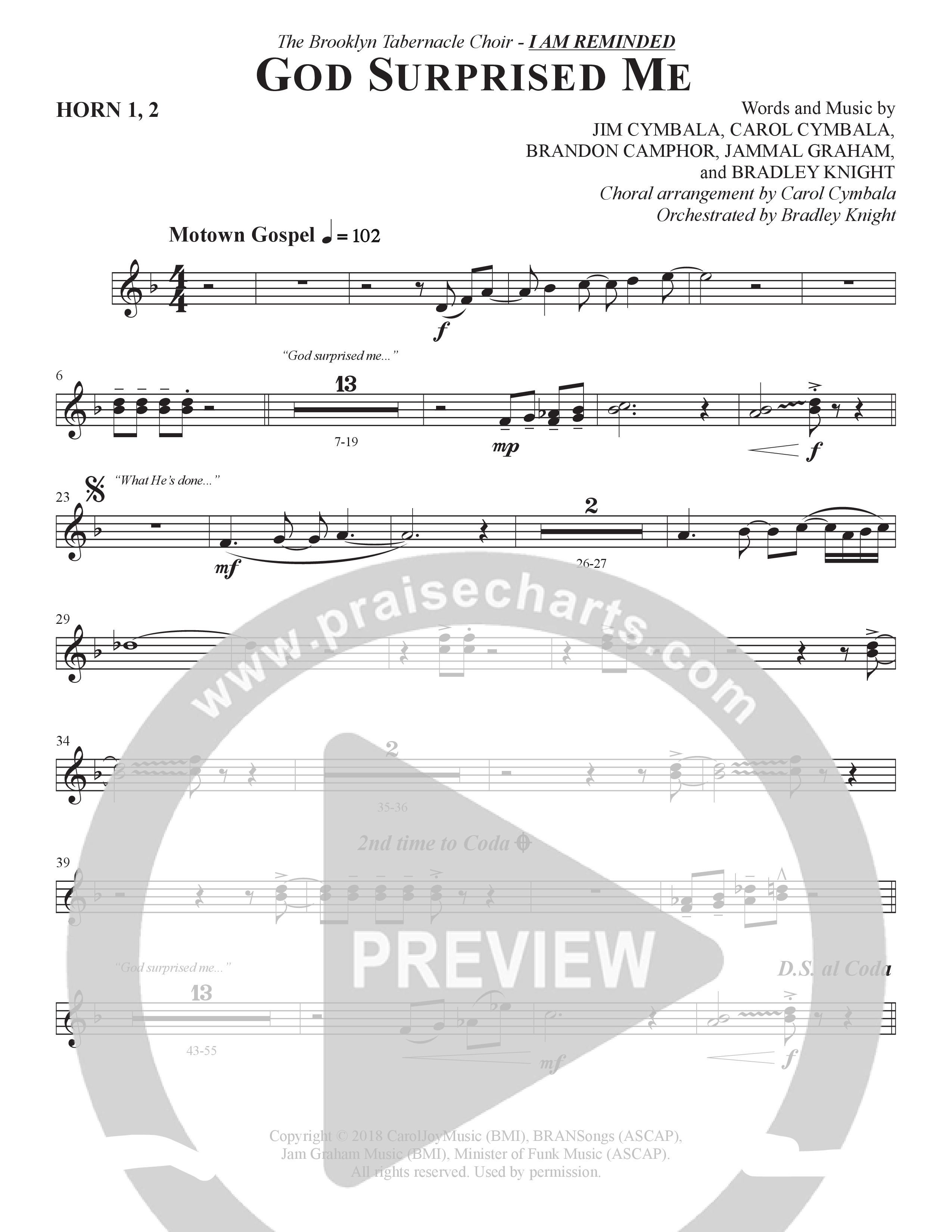 God Surprised Me (Choral Anthem SATB) French Horn 1/2 (The Brooklyn Tabernacle Choir / Arr. Carol Cymbala / Orch. Bradley Knight)
