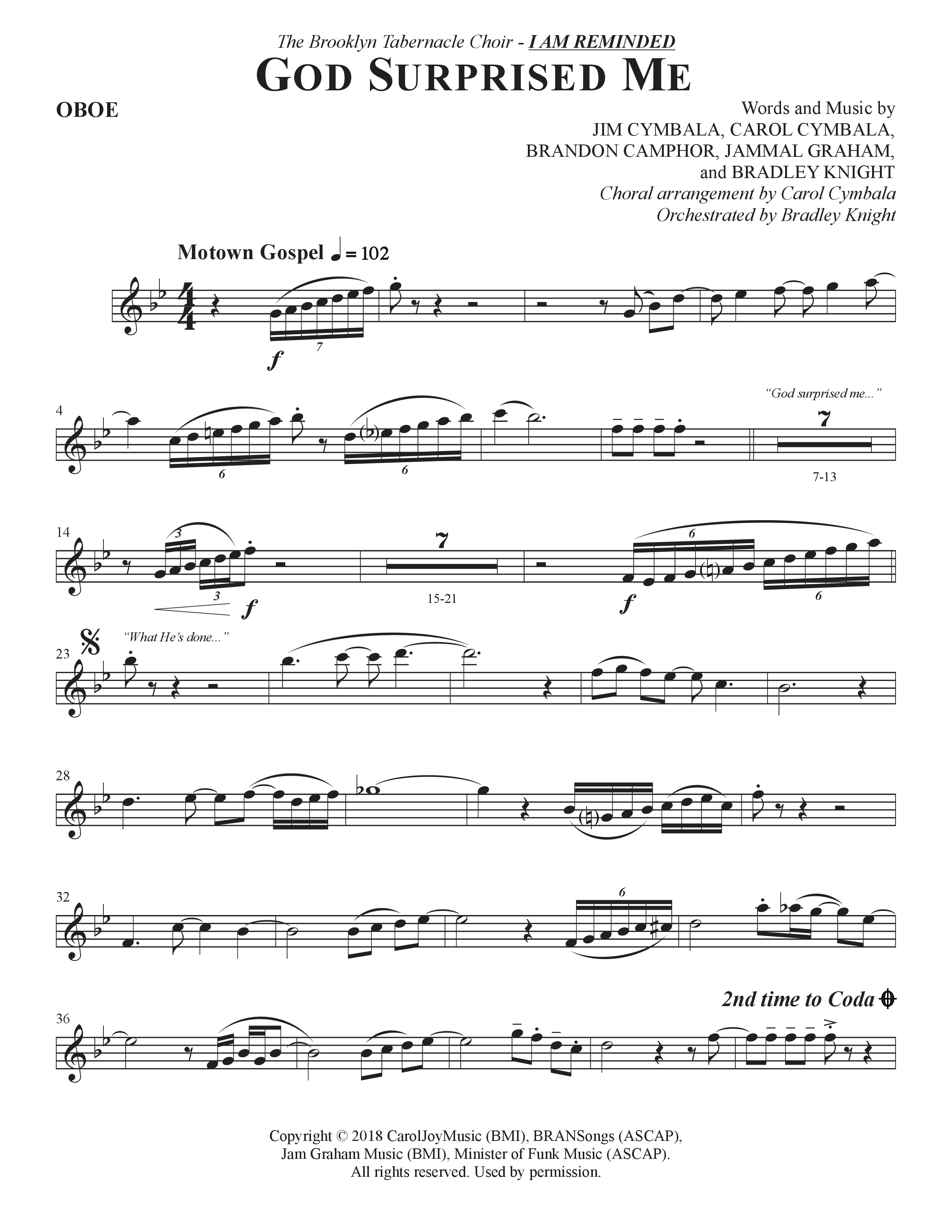 God Surprised Me (Choral Anthem SATB) Oboe (The Brooklyn Tabernacle Choir / Arr. Carol Cymbala / Orch. Bradley Knight)