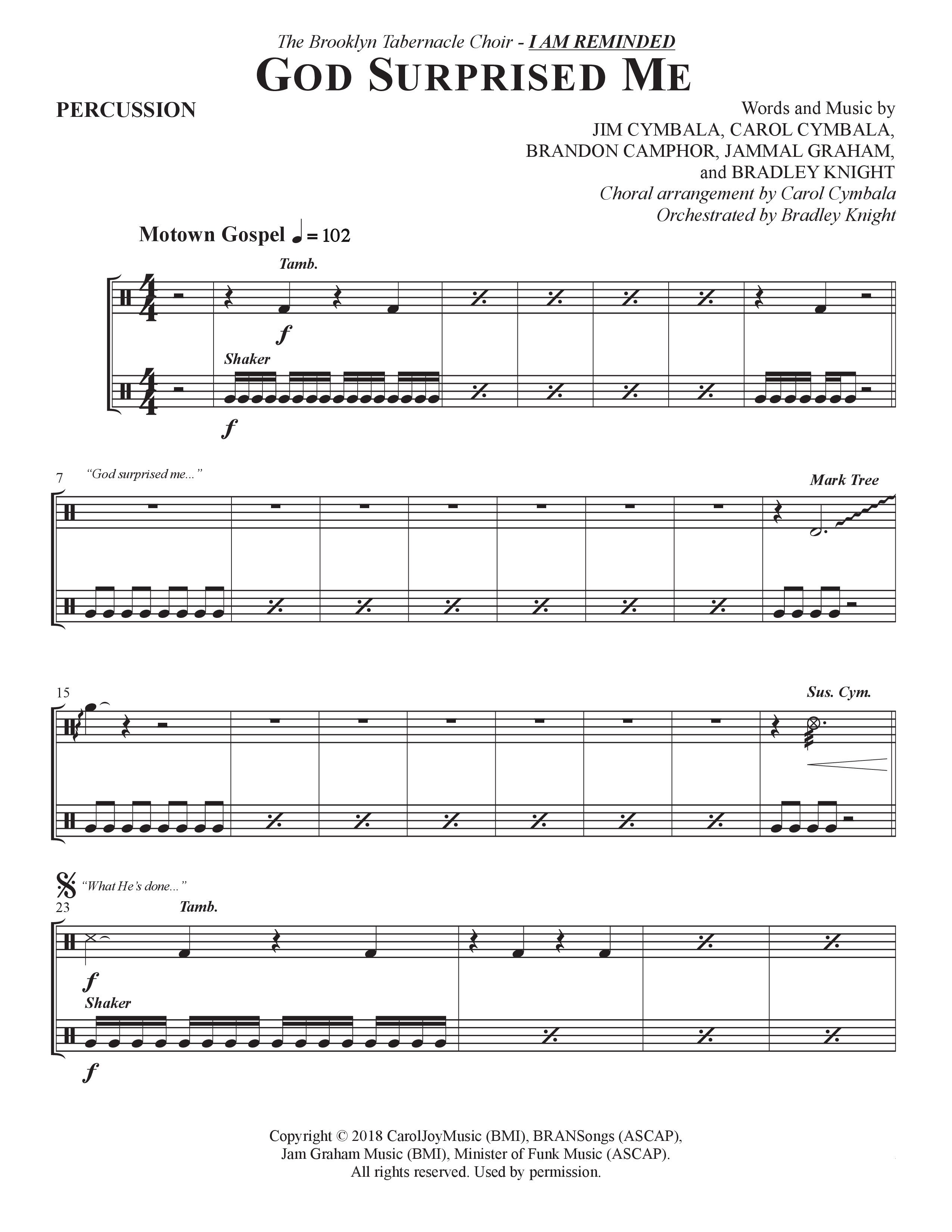 God Surprised Me (Choral Anthem SATB) Percussion (The Brooklyn Tabernacle Choir / Arr. Carol Cymbala / Orch. Bradley Knight)