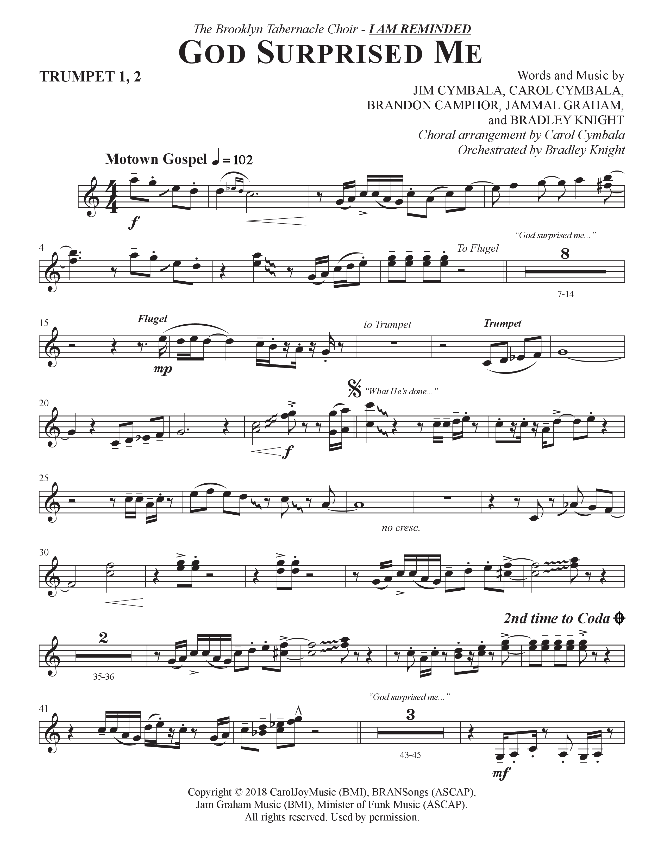 God Surprised Me (Choral Anthem SATB) Trumpet 1,2 (The Brooklyn Tabernacle Choir / Arr. Carol Cymbala / Orch. Bradley Knight)