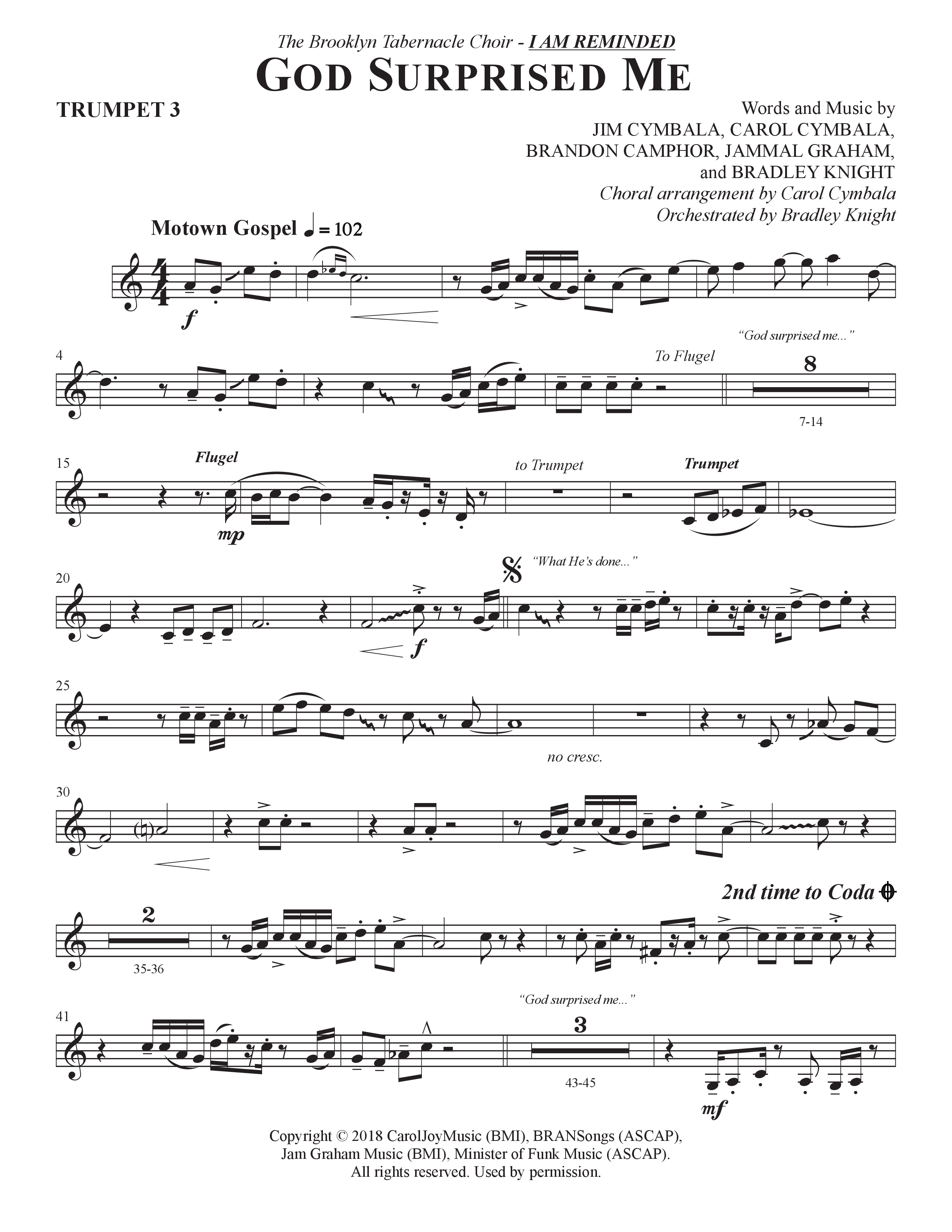 God Surprised Me (Choral Anthem SATB) Trumpet 3 (The Brooklyn Tabernacle Choir / Arr. Carol Cymbala / Orch. Bradley Knight)