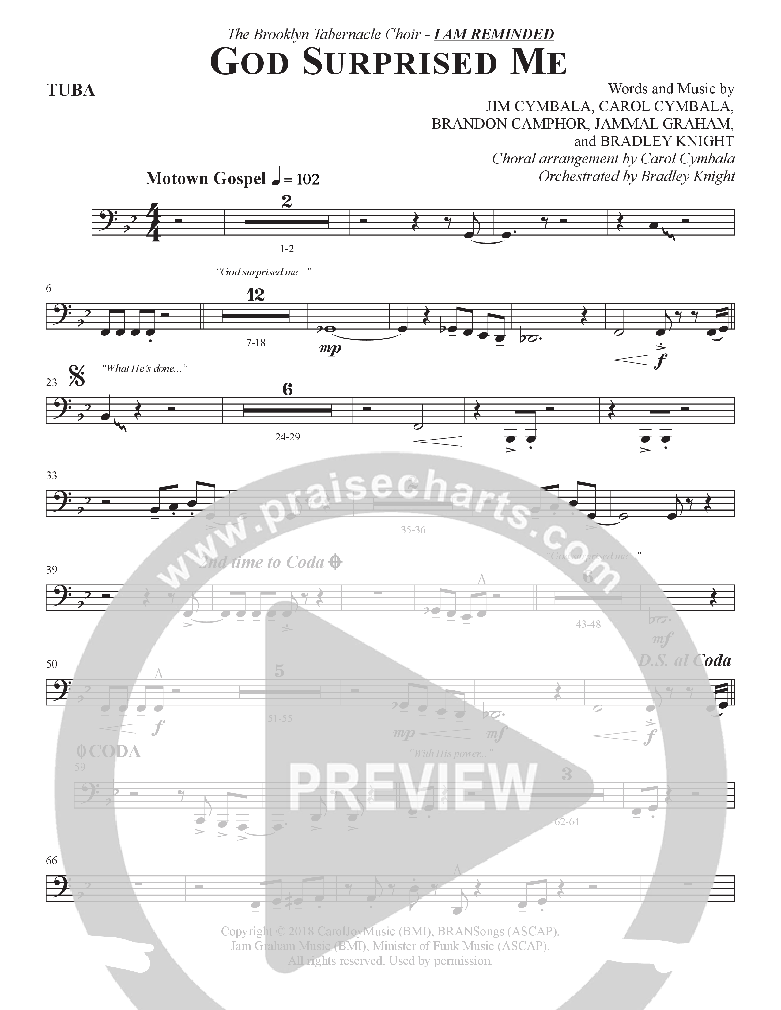 God Surprised Me (Choral Anthem SATB) Tuba (The Brooklyn Tabernacle Choir / Arr. Carol Cymbala / Orch. Bradley Knight)