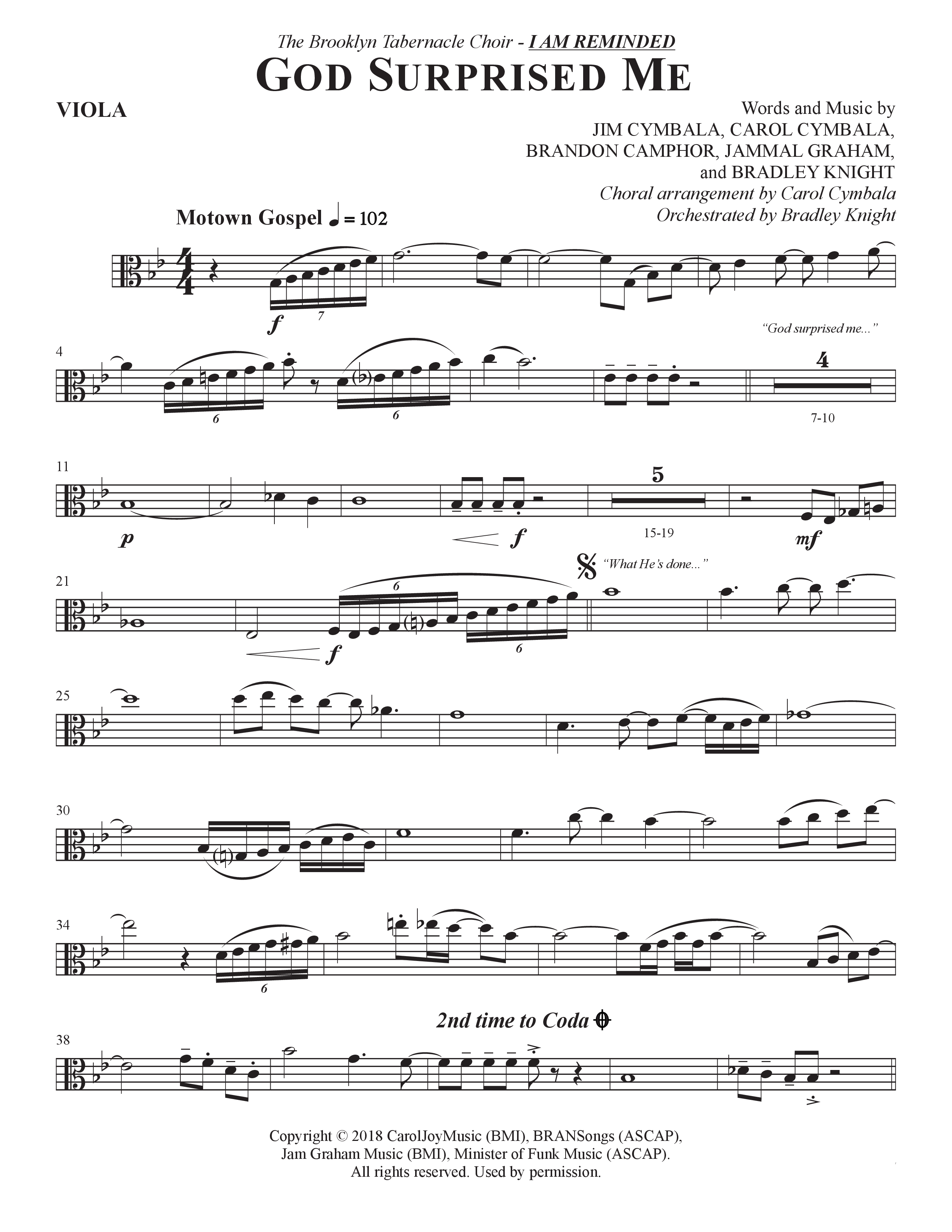 God Surprised Me (Choral Anthem SATB) Viola (The Brooklyn Tabernacle Choir / Arr. Carol Cymbala / Orch. Bradley Knight)