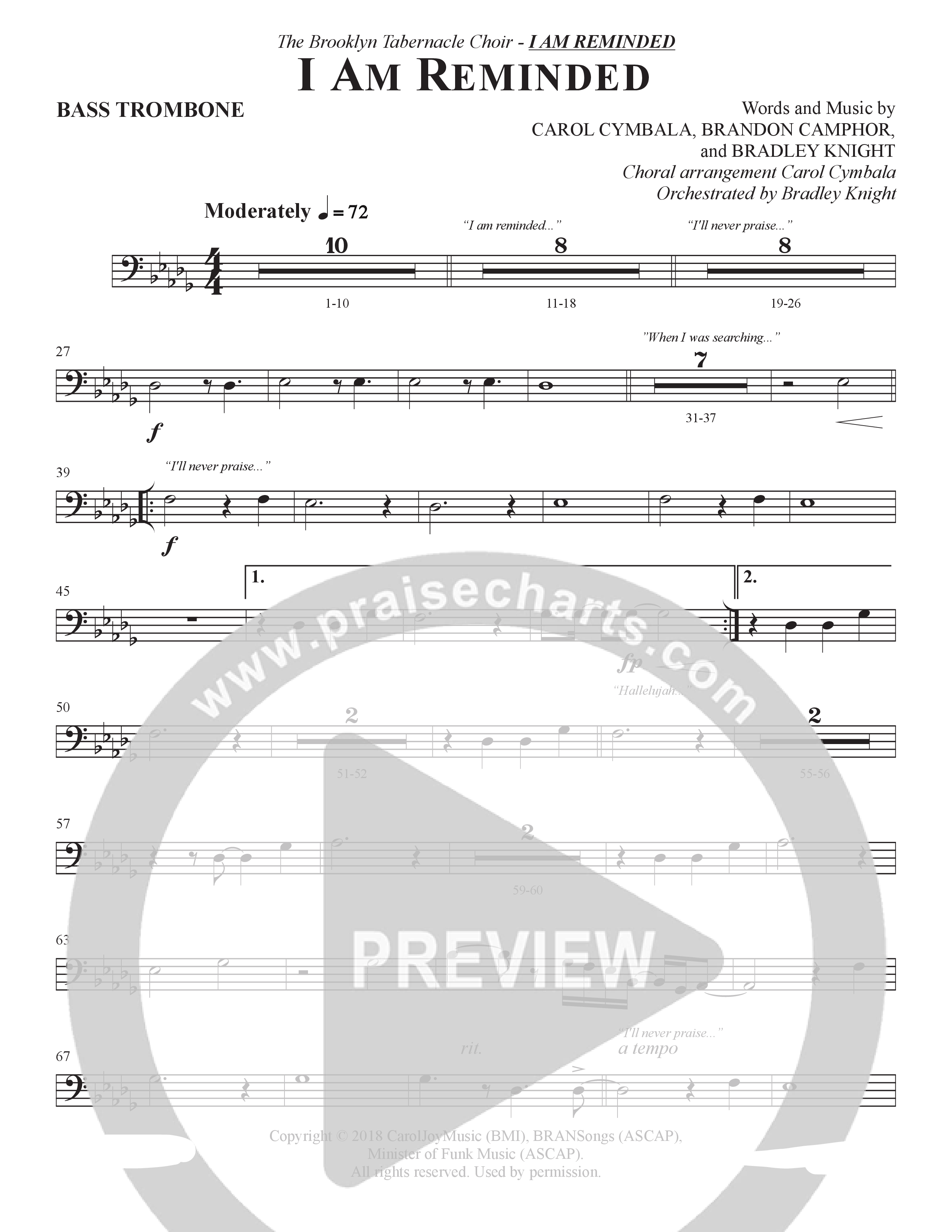 I Am Reminded (Choral Anthem SATB) Bass Trombone (The Brooklyn Tabernacle Choir / Nicole Binion / Arr. Carol Cymbala / Orch. Bradley Knight)