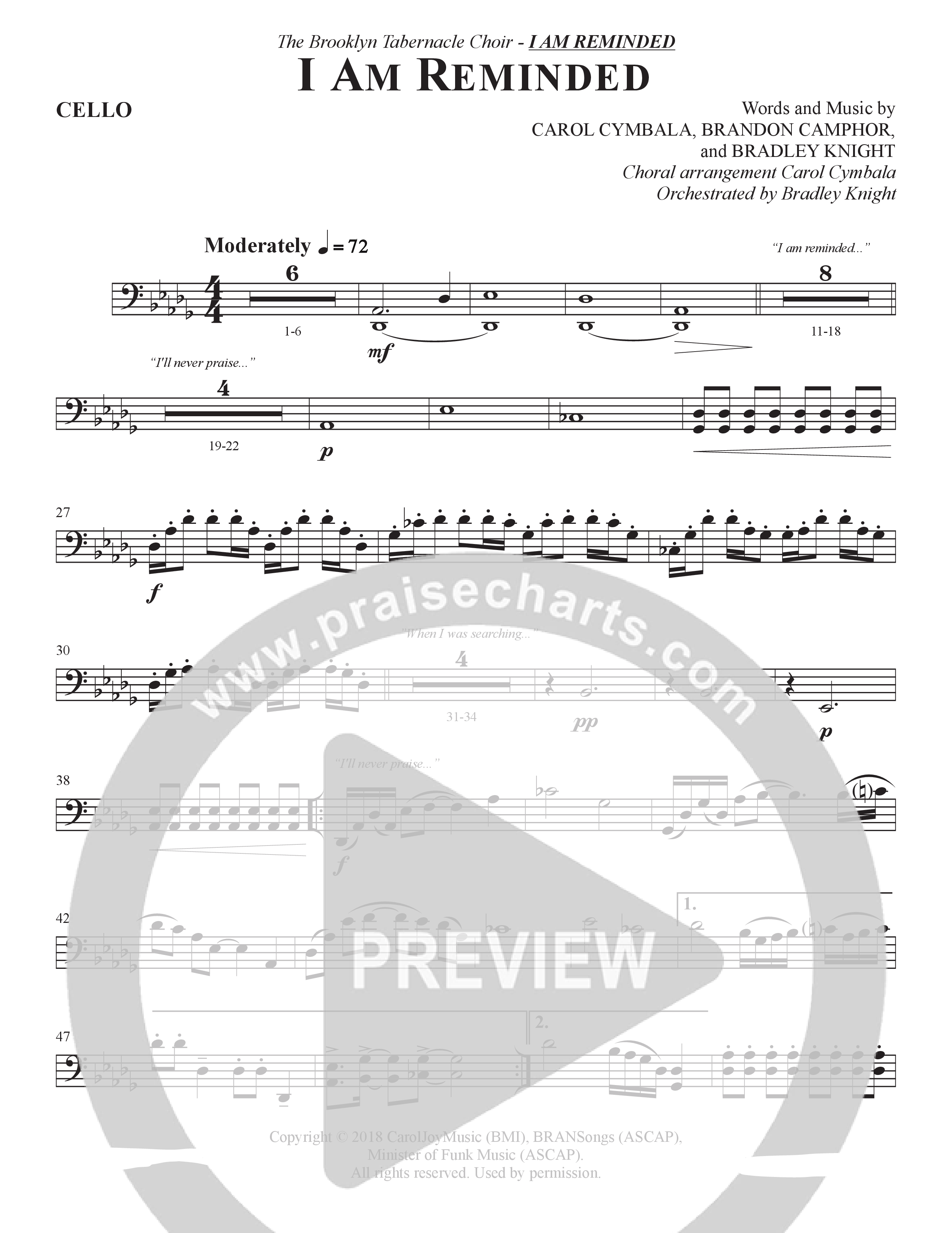 I Am Reminded (Choral Anthem SATB) Cello (The Brooklyn Tabernacle Choir / Nicole Binion / Arr. Carol Cymbala / Orch. Bradley Knight)