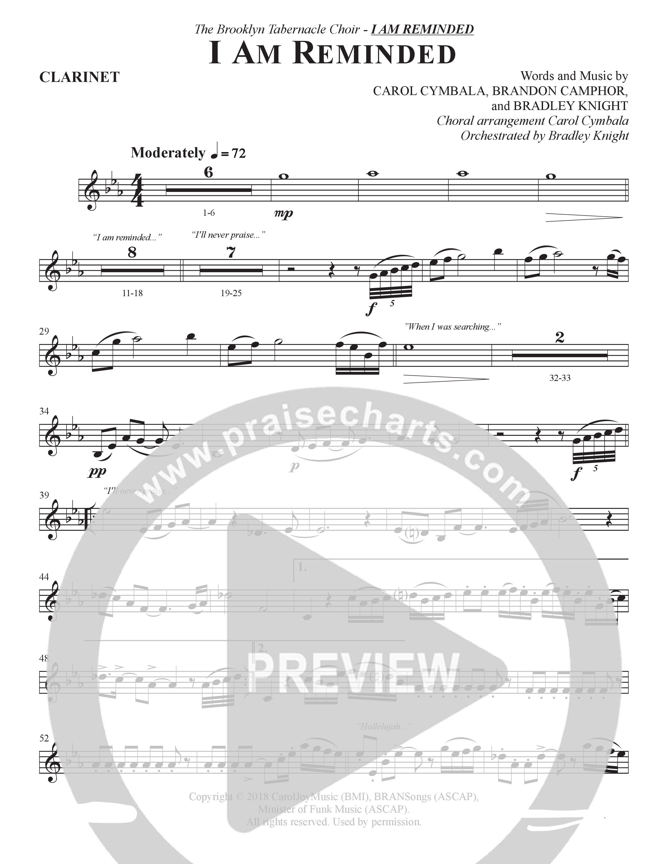 I Am Reminded (Choral Anthem SATB) Clarinet (The Brooklyn Tabernacle Choir / Nicole Binion / Arr. Carol Cymbala / Orch. Bradley Knight)