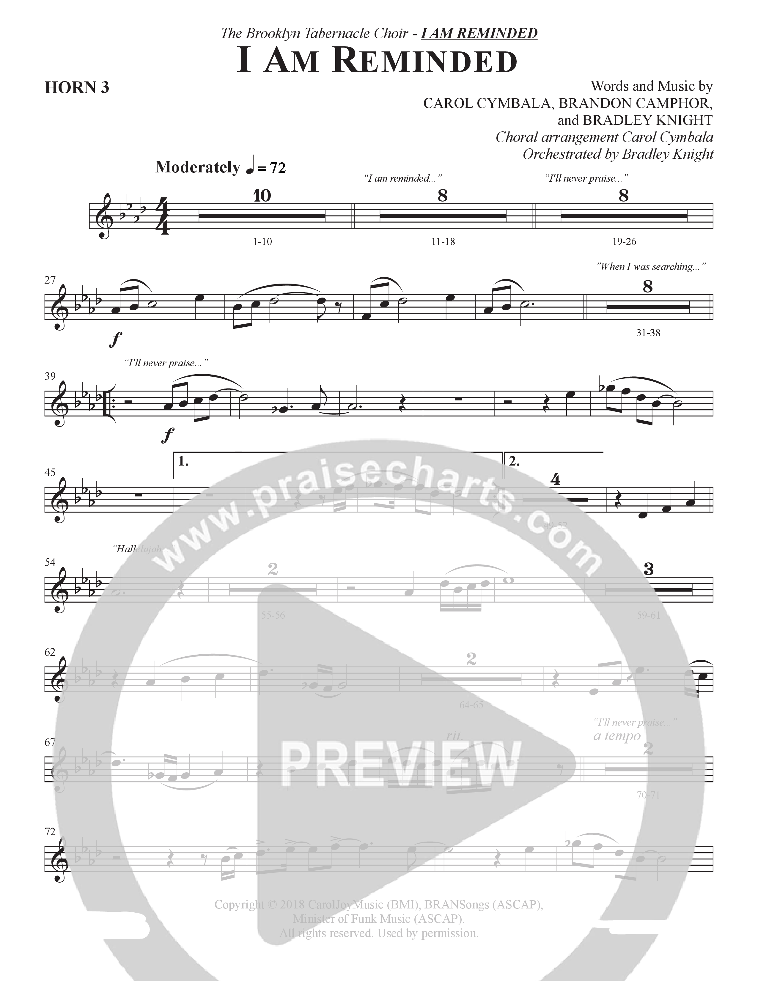 I Am Reminded (Choral Anthem SATB) French Horn 3 (The Brooklyn Tabernacle Choir / Nicole Binion / Arr. Carol Cymbala / Orch. Bradley Knight)