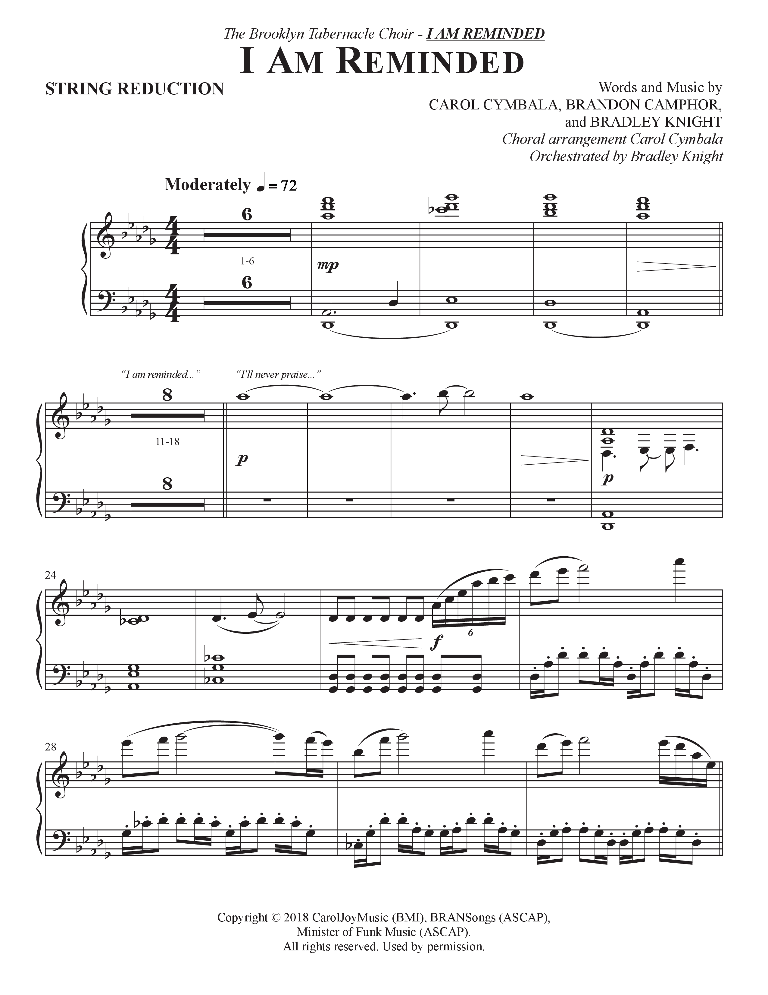 I Am Reminded (Choral Anthem SATB) String Reduction (The Brooklyn Tabernacle Choir / Nicole Binion / Arr. Carol Cymbala / Orch. Bradley Knight)