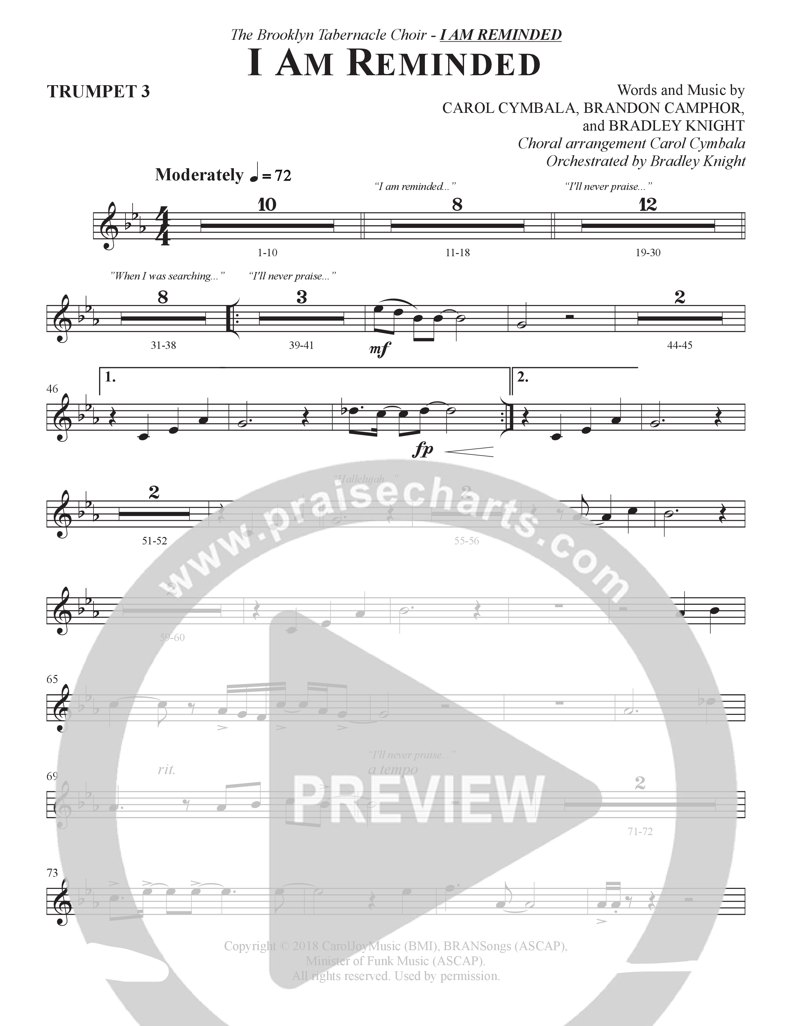 I Am Reminded (Choral Anthem SATB) Trumpet 3 (The Brooklyn Tabernacle Choir / Nicole Binion / Arr. Carol Cymbala / Orch. Bradley Knight)