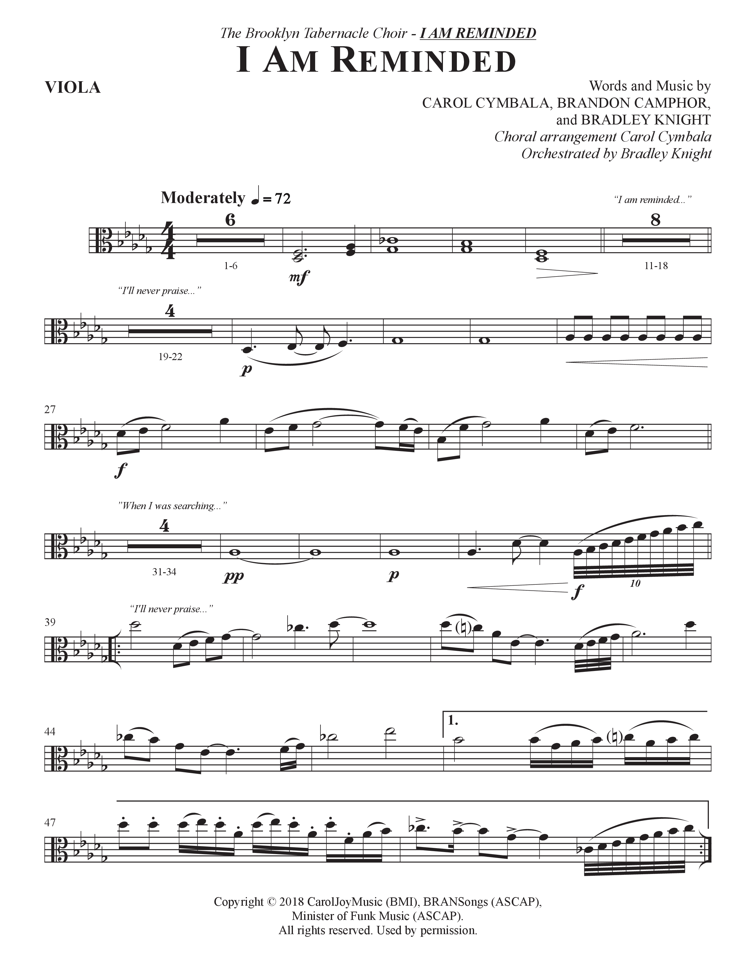 I Am Reminded (Choral Anthem SATB) Viola (The Brooklyn Tabernacle Choir / Nicole Binion / Arr. Carol Cymbala / Orch. Bradley Knight)