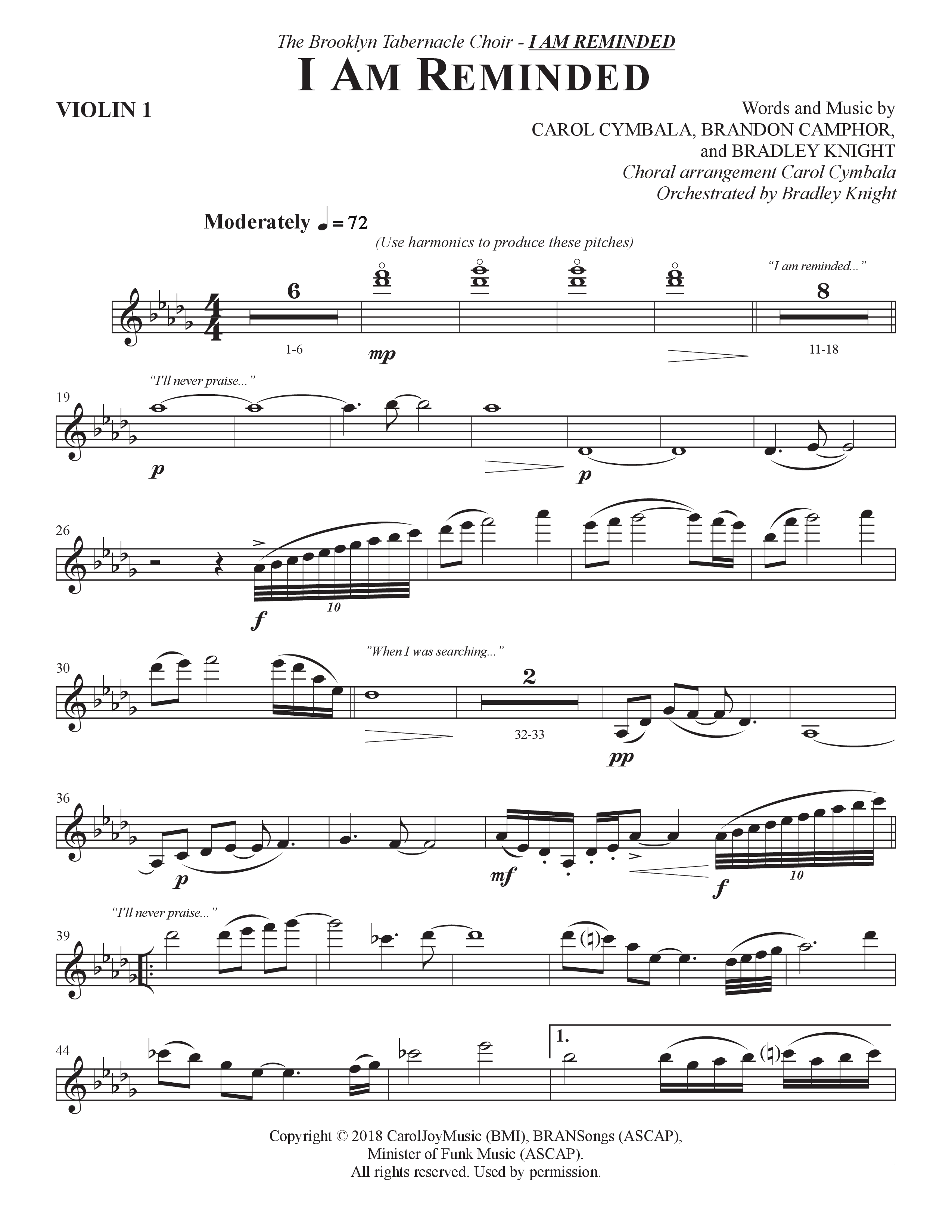 I Am Reminded (Choral Anthem SATB) Violin 1 (The Brooklyn Tabernacle Choir / Nicole Binion / Arr. Carol Cymbala / Orch. Bradley Knight)