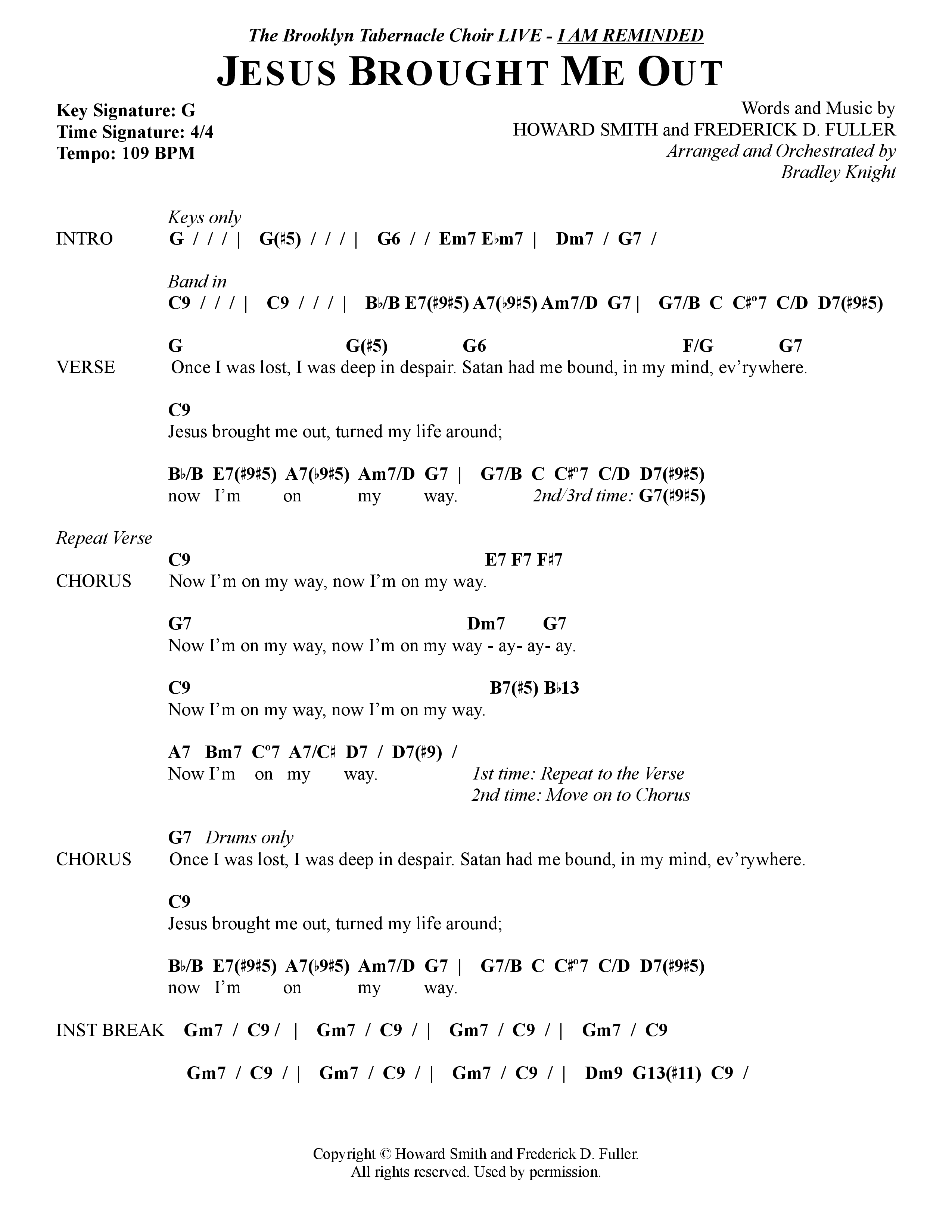 Now I'm On My Way (Jesus Brought Me Out) (Choral Anthem SATB) Chord Chart (The Brooklyn Tabernacle Choir / Arr. Carol Cymbala / Orch. Bradley Knight)