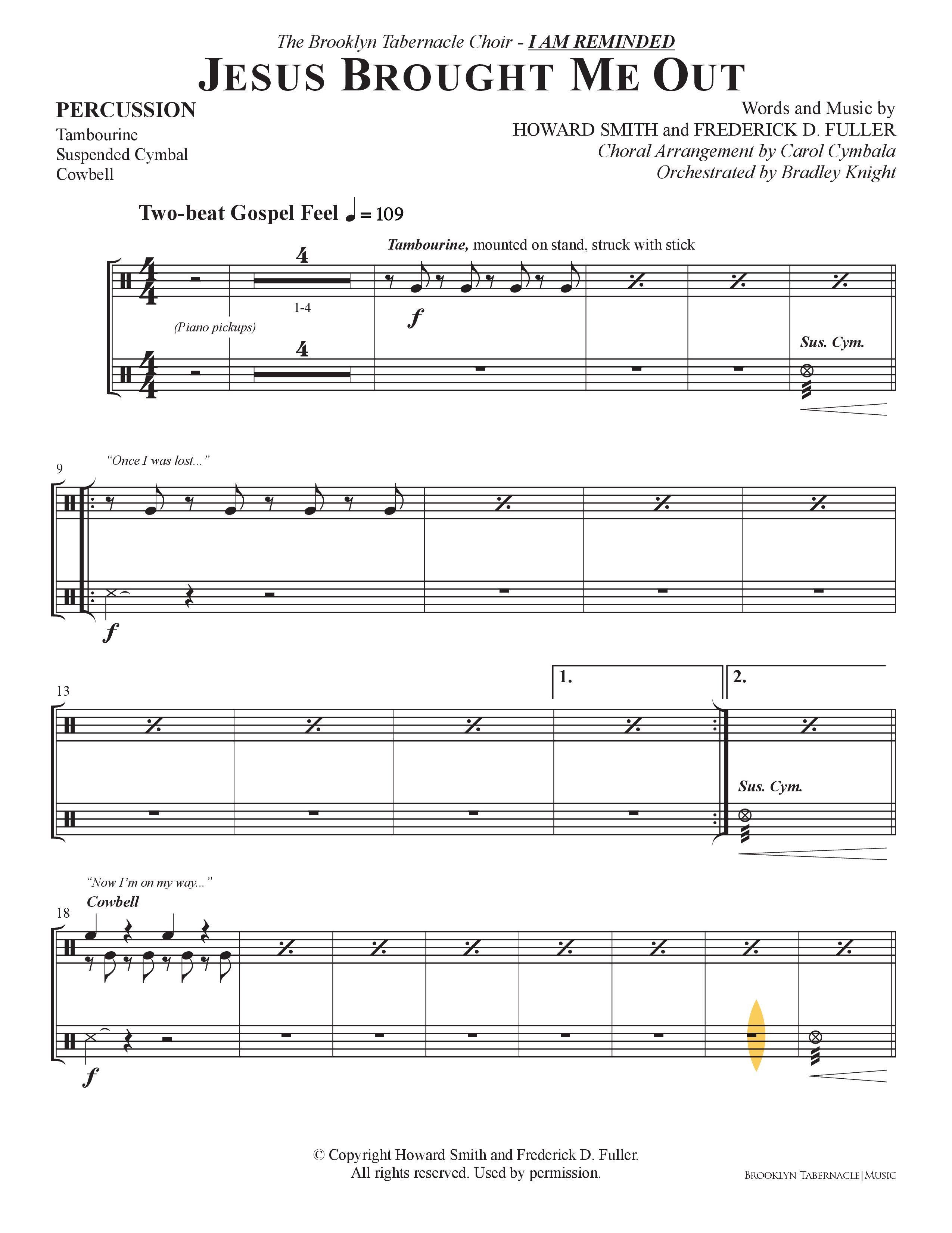 Now I'm On My Way (Jesus Brought Me Out) (Choral Anthem SATB) Percussion (The Brooklyn Tabernacle Choir / Arr. Carol Cymbala / Orch. Bradley Knight)