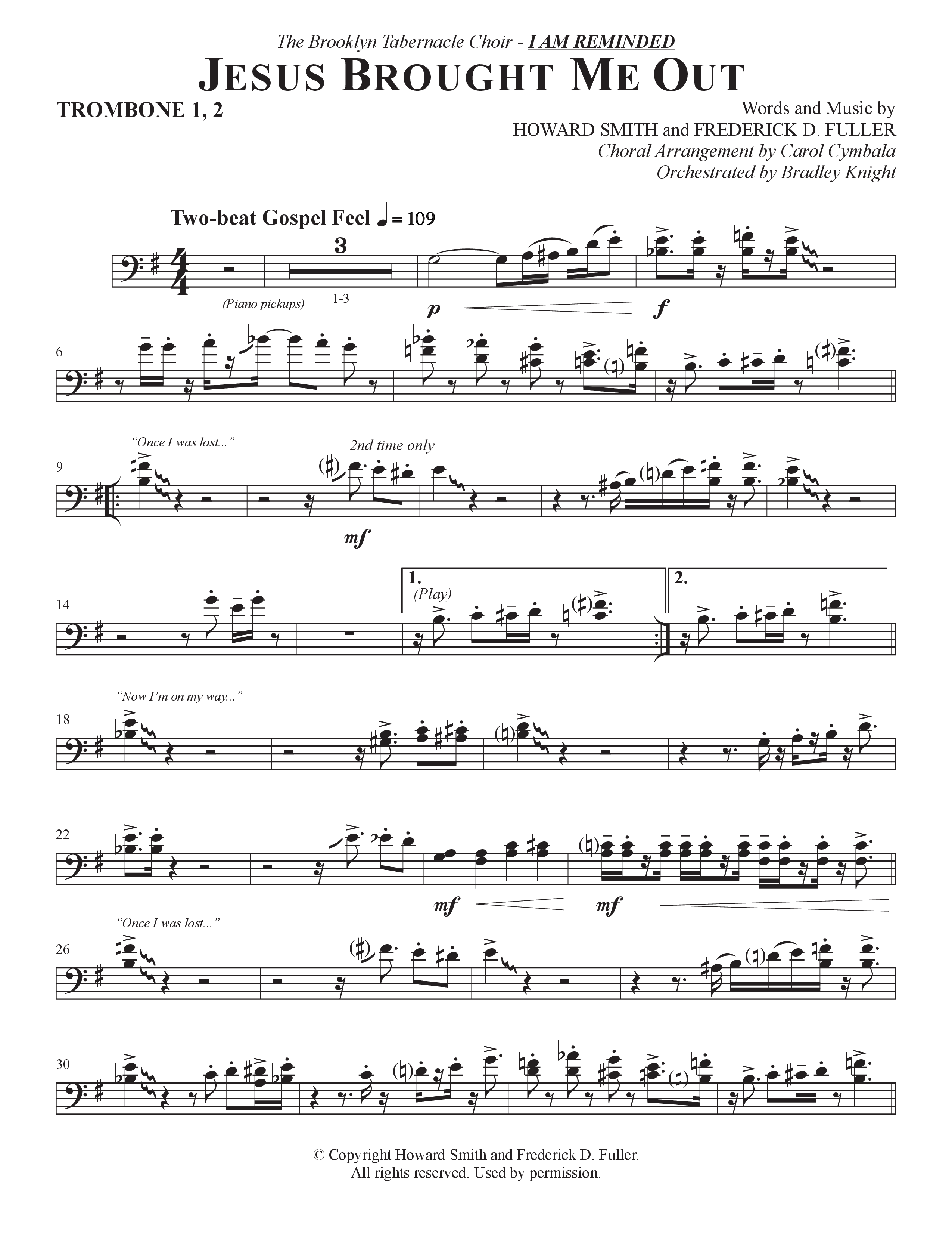 Now I'm On My Way (Jesus Brought Me Out) (Choral Anthem SATB) Trombone 1/2 (The Brooklyn Tabernacle Choir / Arr. Carol Cymbala / Orch. Bradley Knight)