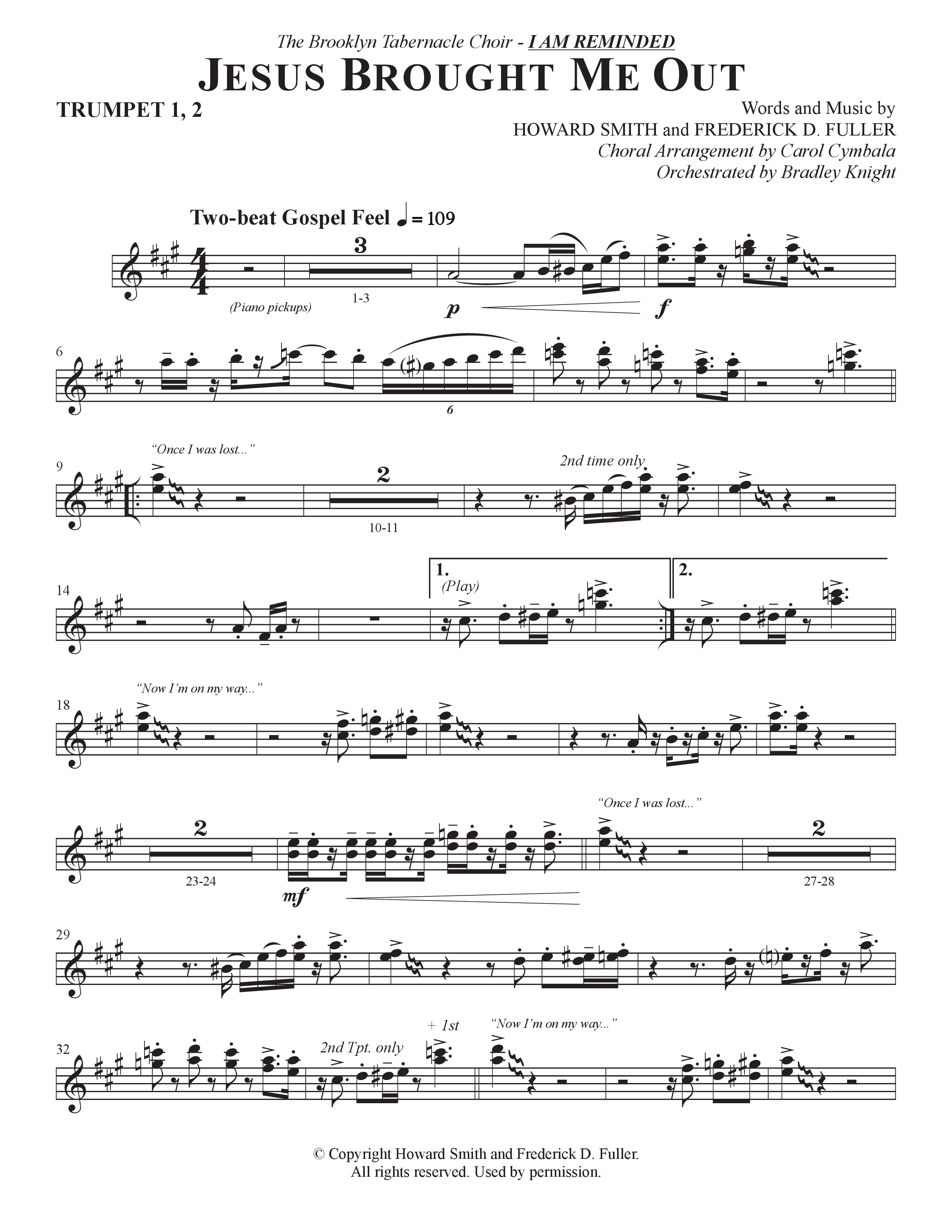 Now I'm On My Way (Jesus Brought Me Out) (Choral Anthem SATB) Trumpet 1,2 (The Brooklyn Tabernacle Choir / Arr. Carol Cymbala / Orch. Bradley Knight)