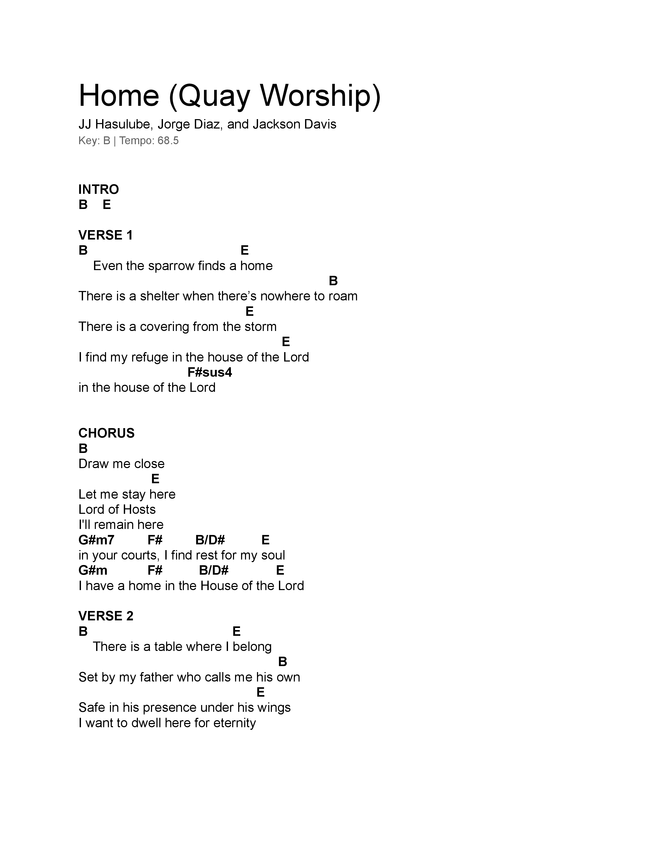Home Chord Chart (Quay Worship / JJ Hasulube)