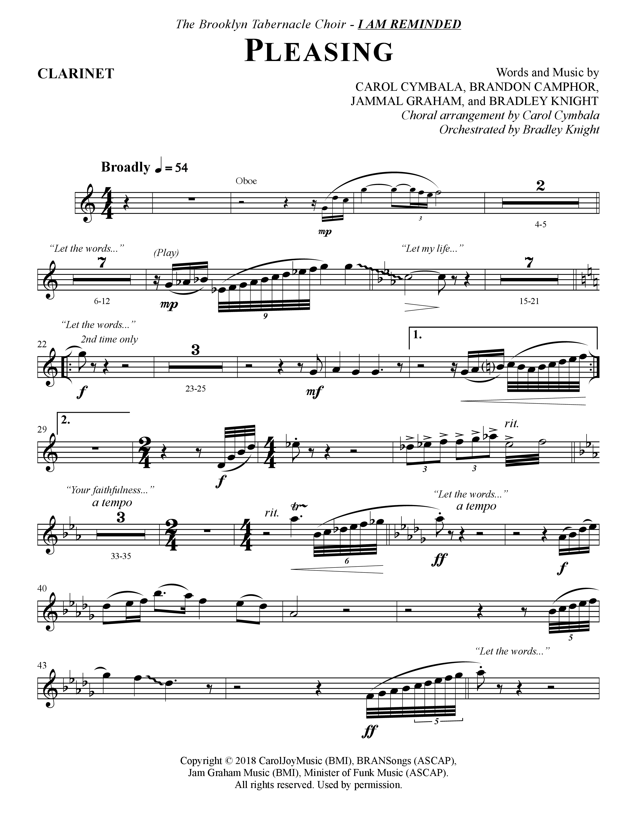Pleasing (Choral Anthem SATB) Clarinet (The Brooklyn Tabernacle Choir / Arr. Carol Cymbala / Orch. Bradley Knight)