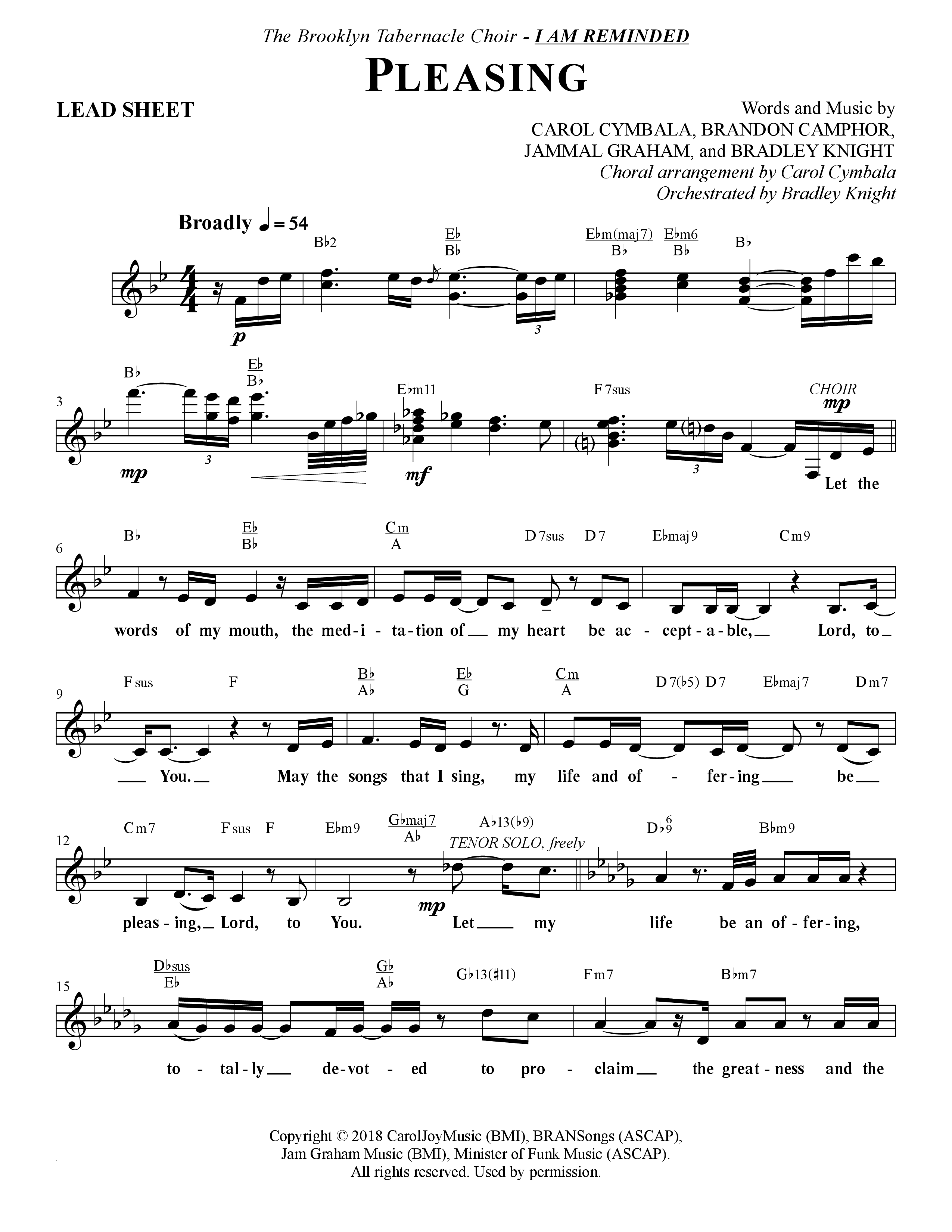Pleasing (Choral Anthem SATB) Lead Sheet (SAT) (The Brooklyn Tabernacle Choir / Arr. Carol Cymbala / Orch. Bradley Knight)