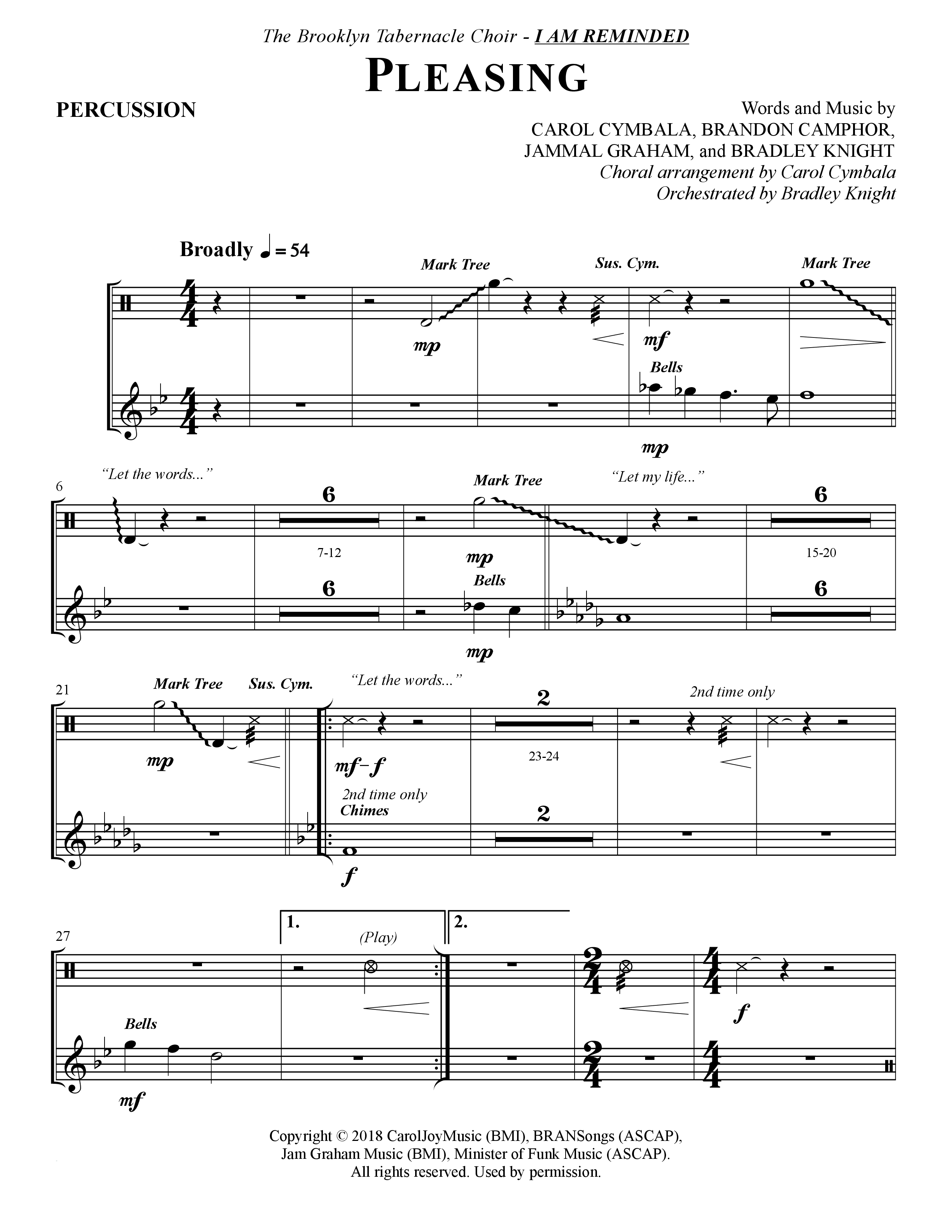 Pleasing (Choral Anthem SATB) Percussion (The Brooklyn Tabernacle Choir / Arr. Carol Cymbala / Orch. Bradley Knight)