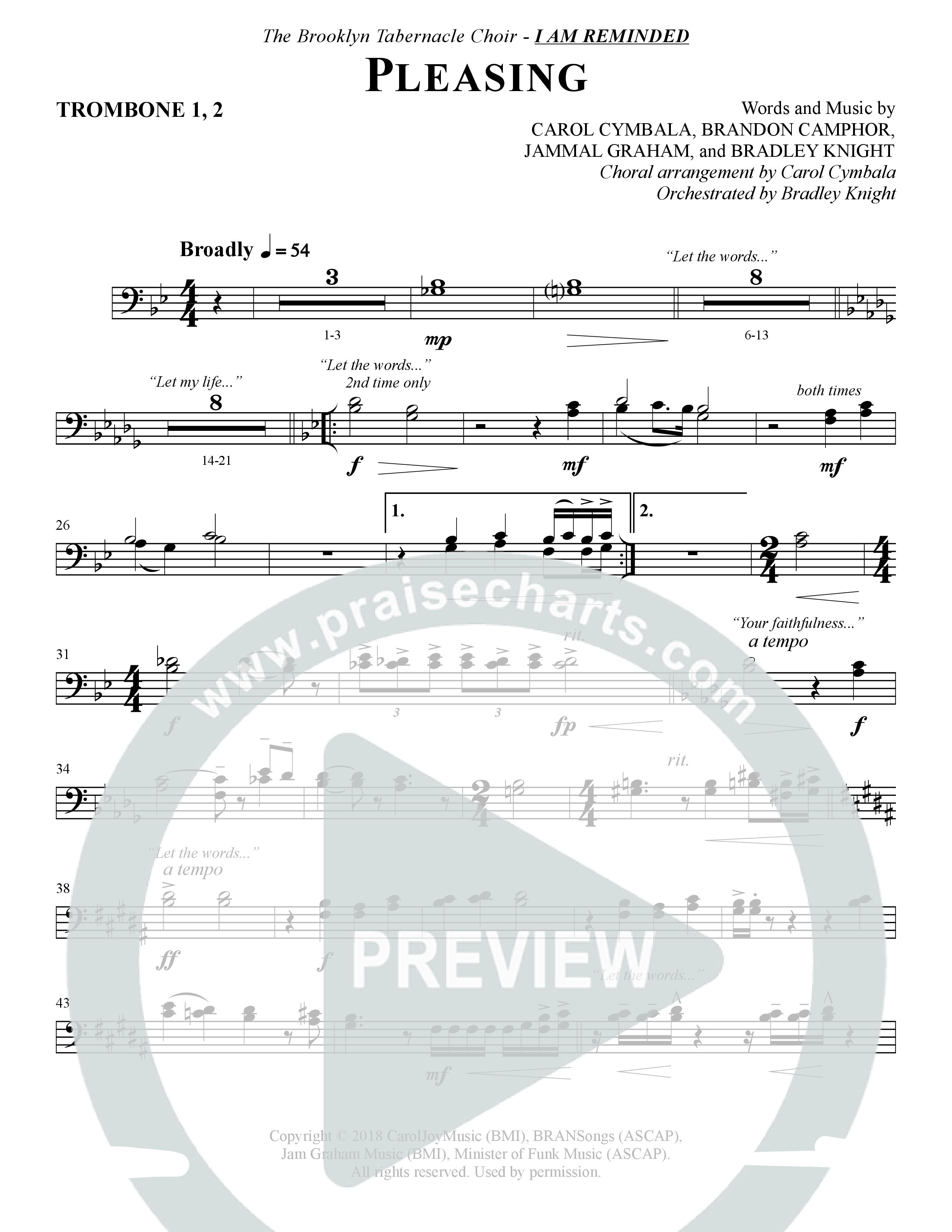 Pleasing (Choral Anthem SATB) Trombone 1/2 (The Brooklyn Tabernacle Choir / Arr. Carol Cymbala / Orch. Bradley Knight)