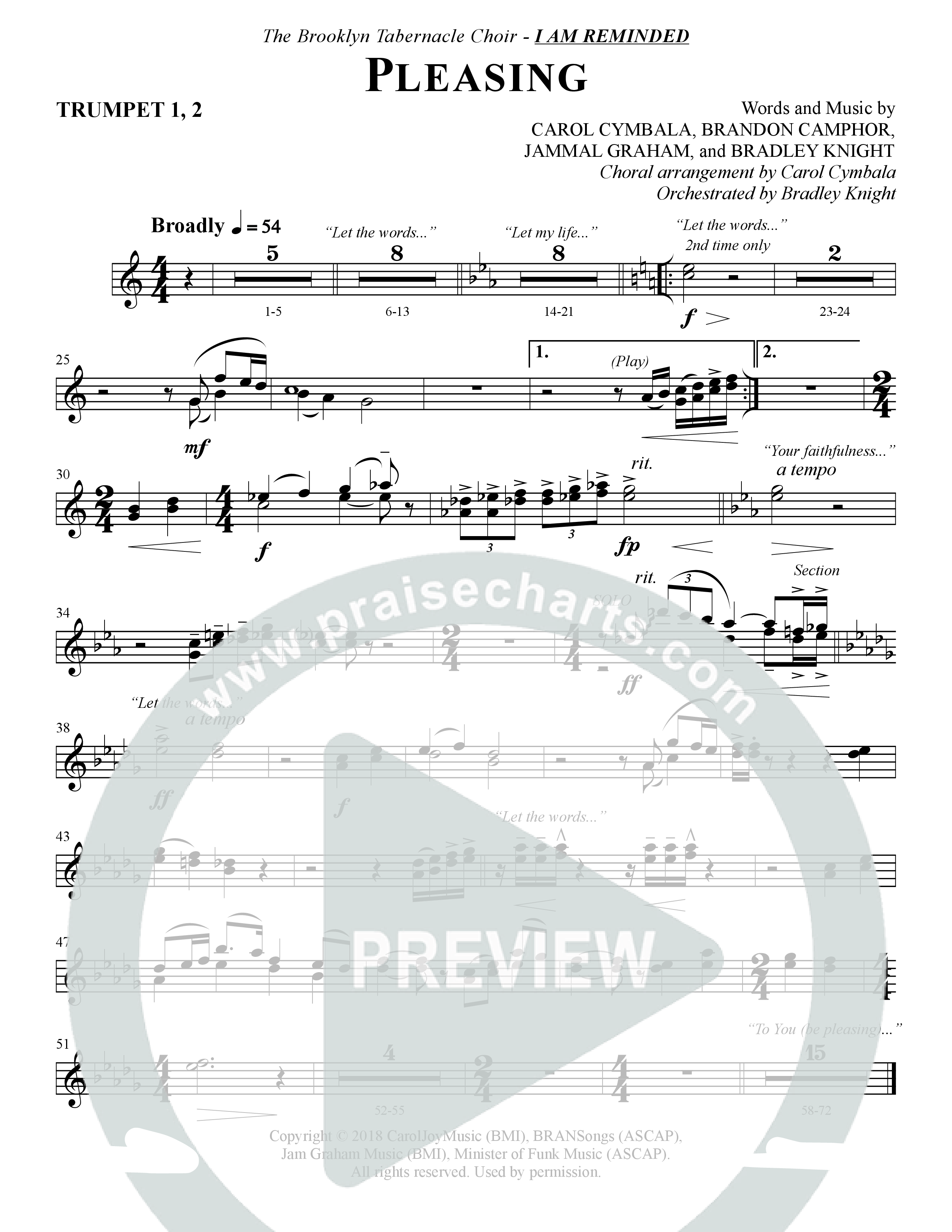Pleasing (Choral Anthem SATB) Trumpet 1,2 (The Brooklyn Tabernacle Choir / Arr. Carol Cymbala / Orch. Bradley Knight)