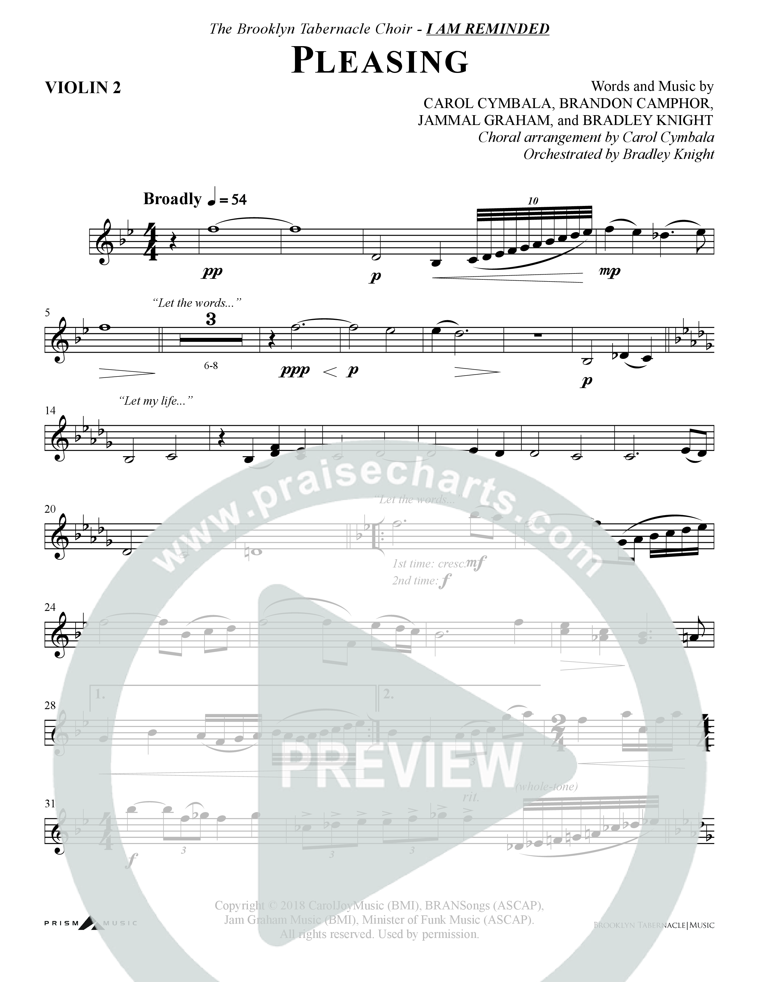 Pleasing (Choral Anthem SATB) Violin 2 (The Brooklyn Tabernacle Choir / Arr. Carol Cymbala / Orch. Bradley Knight)