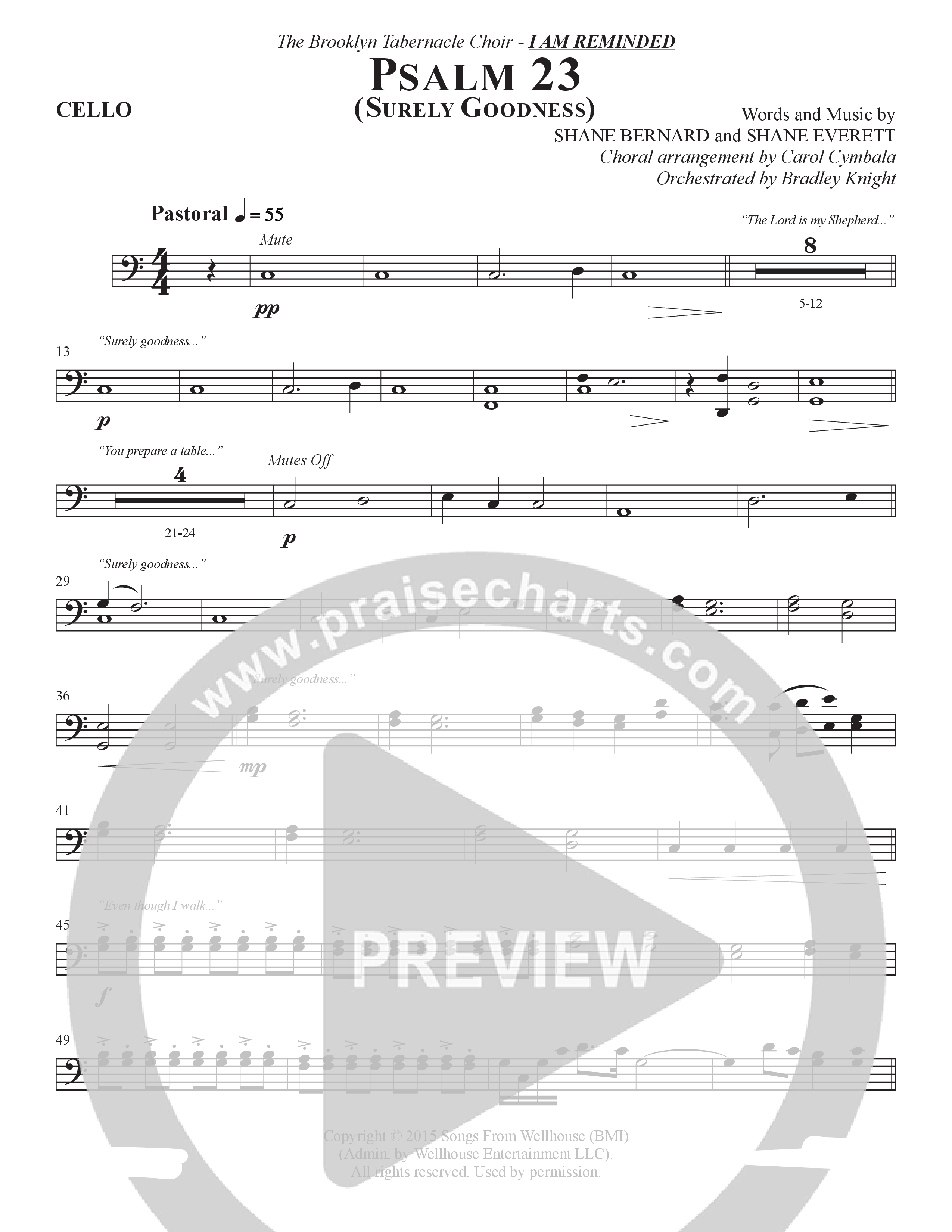 Psalm 23 (Surely Goodness) (Choral Anthem SATB) Cello (The Brooklyn Tabernacle Choir / Shane & Shane / Arr. Carol Cymbala / Orch. Bradley Knight)