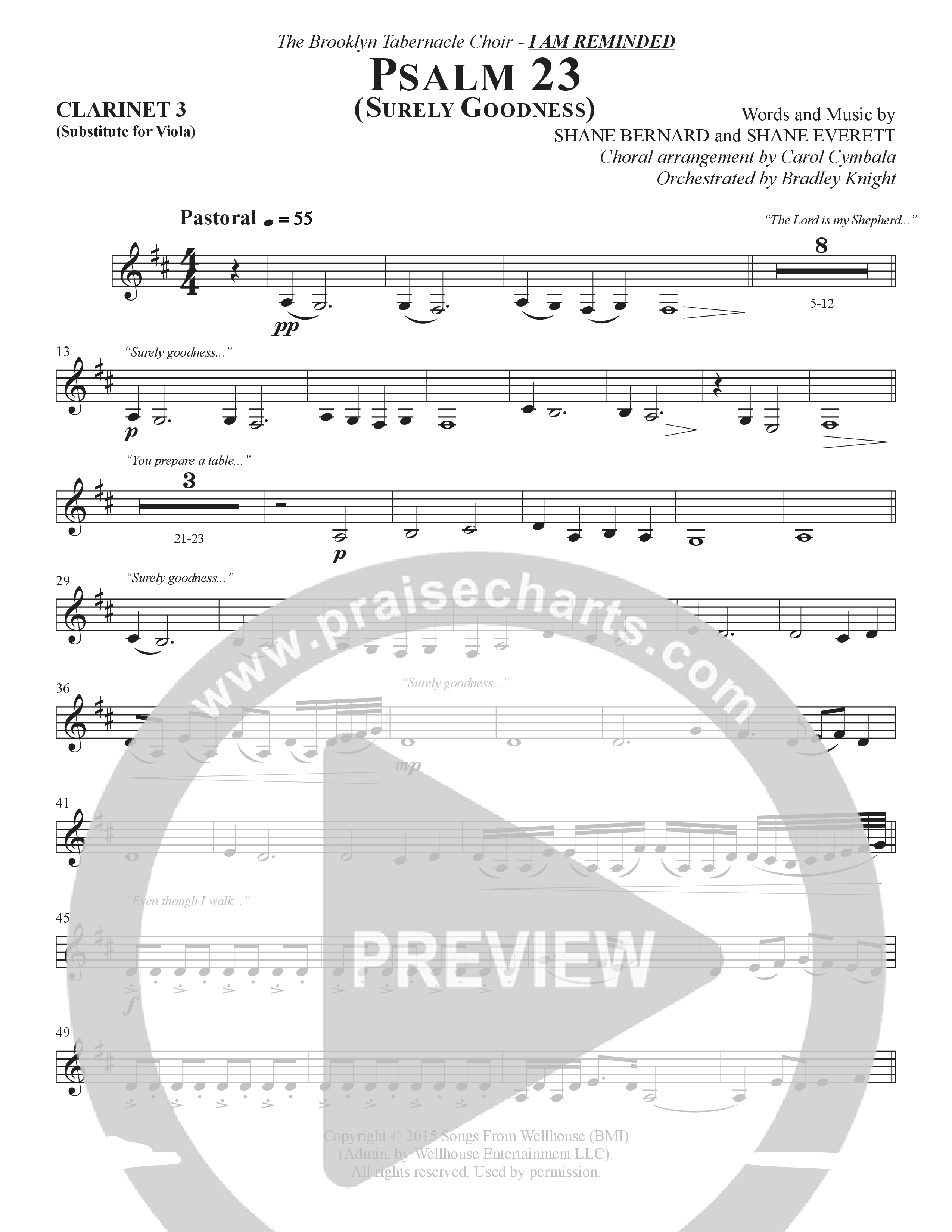 Psalm 23 (Surely Goodness) (Choral Anthem SATB) Clarinet 3 (The Brooklyn Tabernacle Choir / Shane & Shane / Arr. Carol Cymbala / Orch. Bradley Knight)