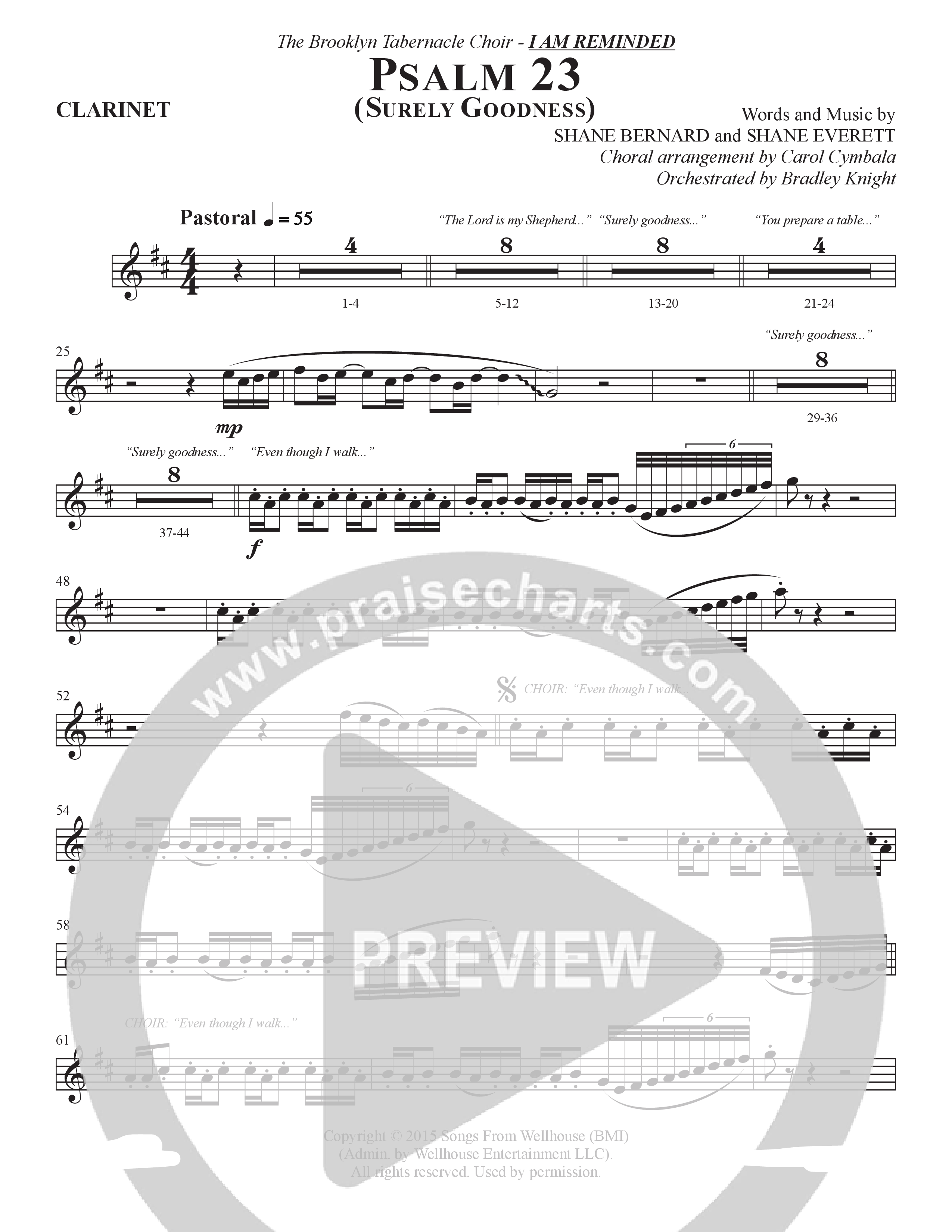 Psalm 23 (Surely Goodness) (Choral Anthem SATB) Clarinet (The Brooklyn Tabernacle Choir / Shane & Shane / Arr. Carol Cymbala / Orch. Bradley Knight)