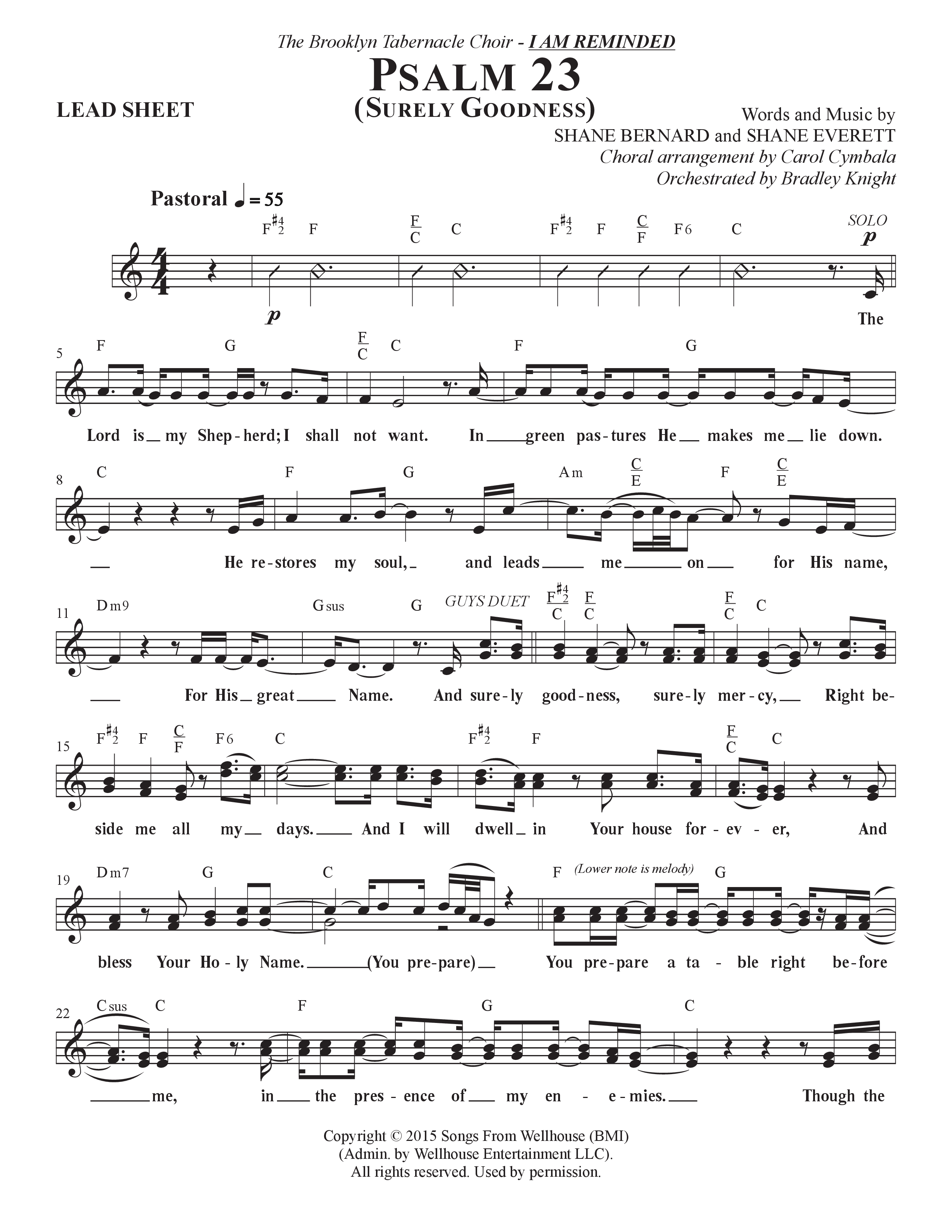 Psalm 23 (Surely Goodness) (Choral Anthem SATB) Lead Sheet (SAT) (The Brooklyn Tabernacle Choir / Shane & Shane / Arr. Carol Cymbala / Orch. Bradley Knight)