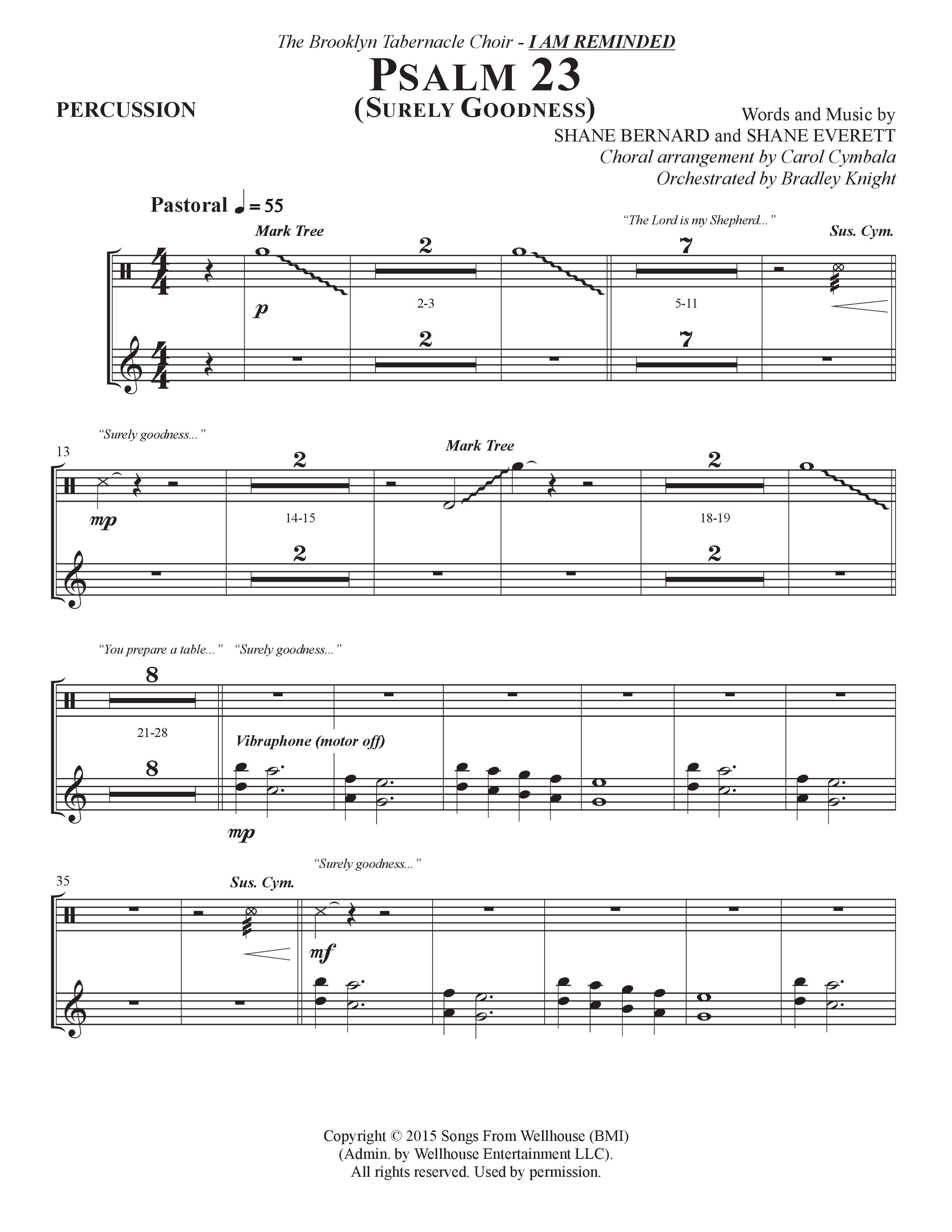 Psalm 23 (Surely Goodness) (Choral Anthem SATB) Percussion (The Brooklyn Tabernacle Choir / Shane & Shane / Arr. Carol Cymbala / Orch. Bradley Knight)