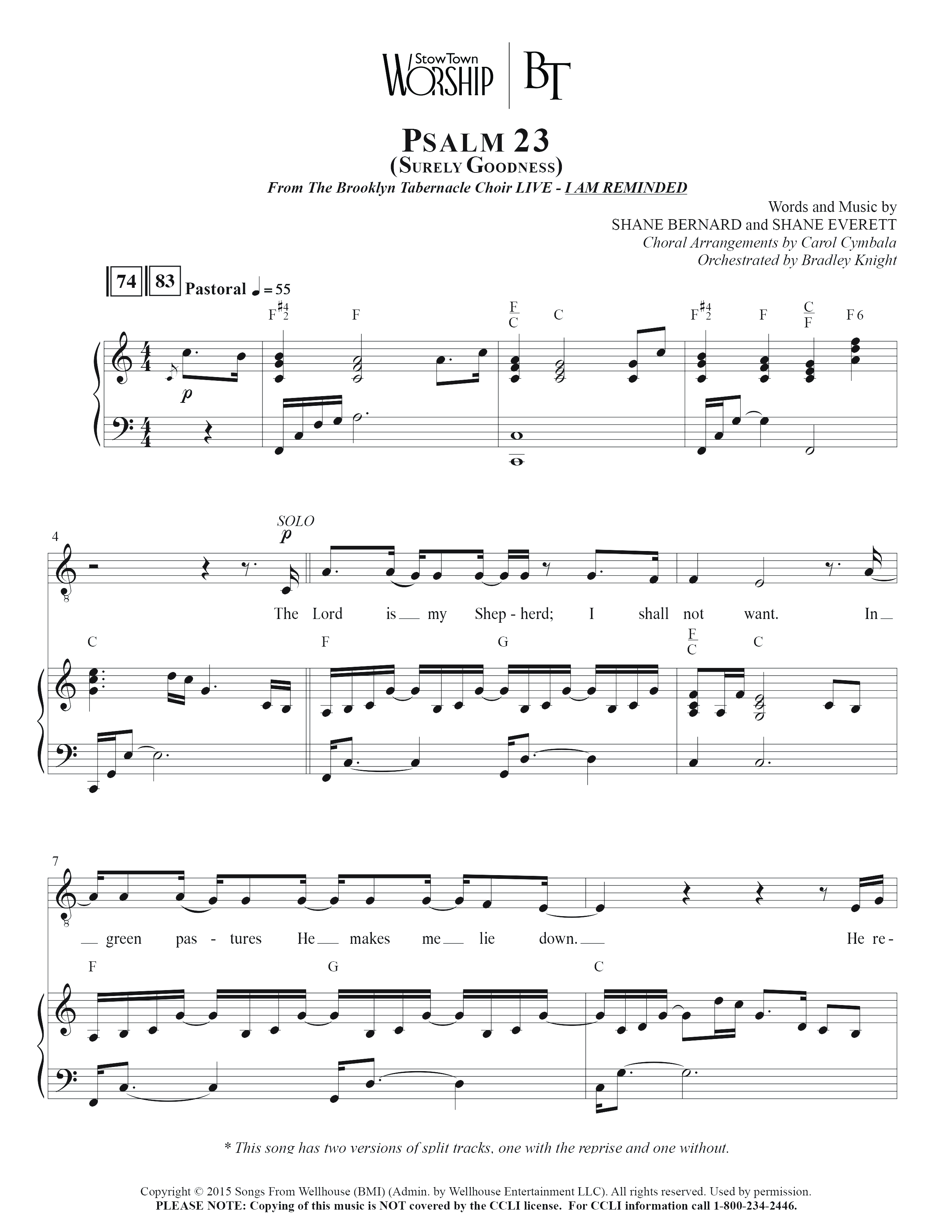 Psalm 23 (Surely Goodness) (Choral Anthem SATB) Anthem (SATB/Piano) (The Brooklyn Tabernacle Choir / Shane & Shane / Arr. Carol Cymbala / Orch. Bradley Knight)